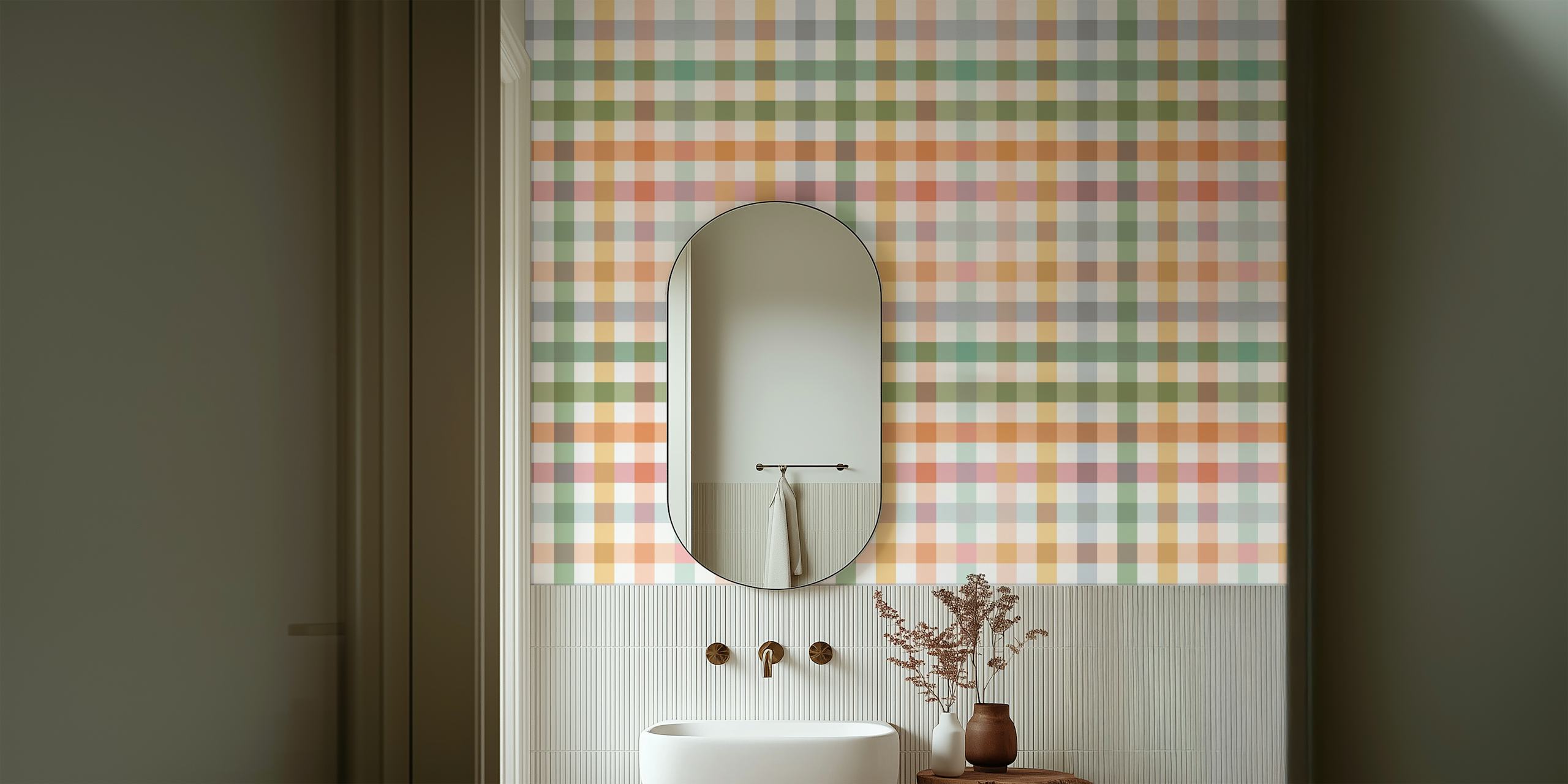 Colorful checkered pattern in green, orange, pink, and white wallpaper