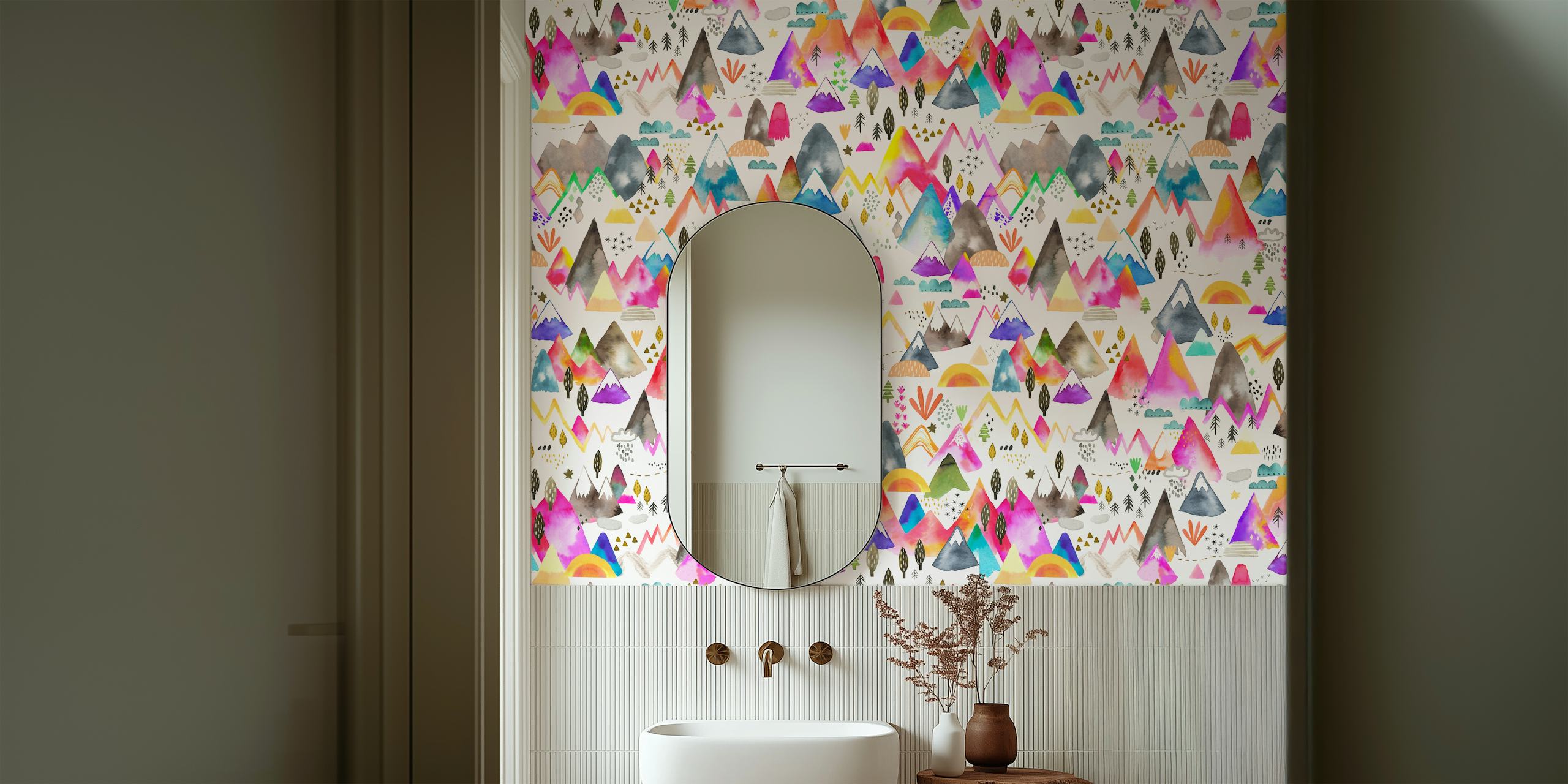 Colorful mountain illustrations in pink, blue, orange, and gray. Whimsical and artistic wallpaper.