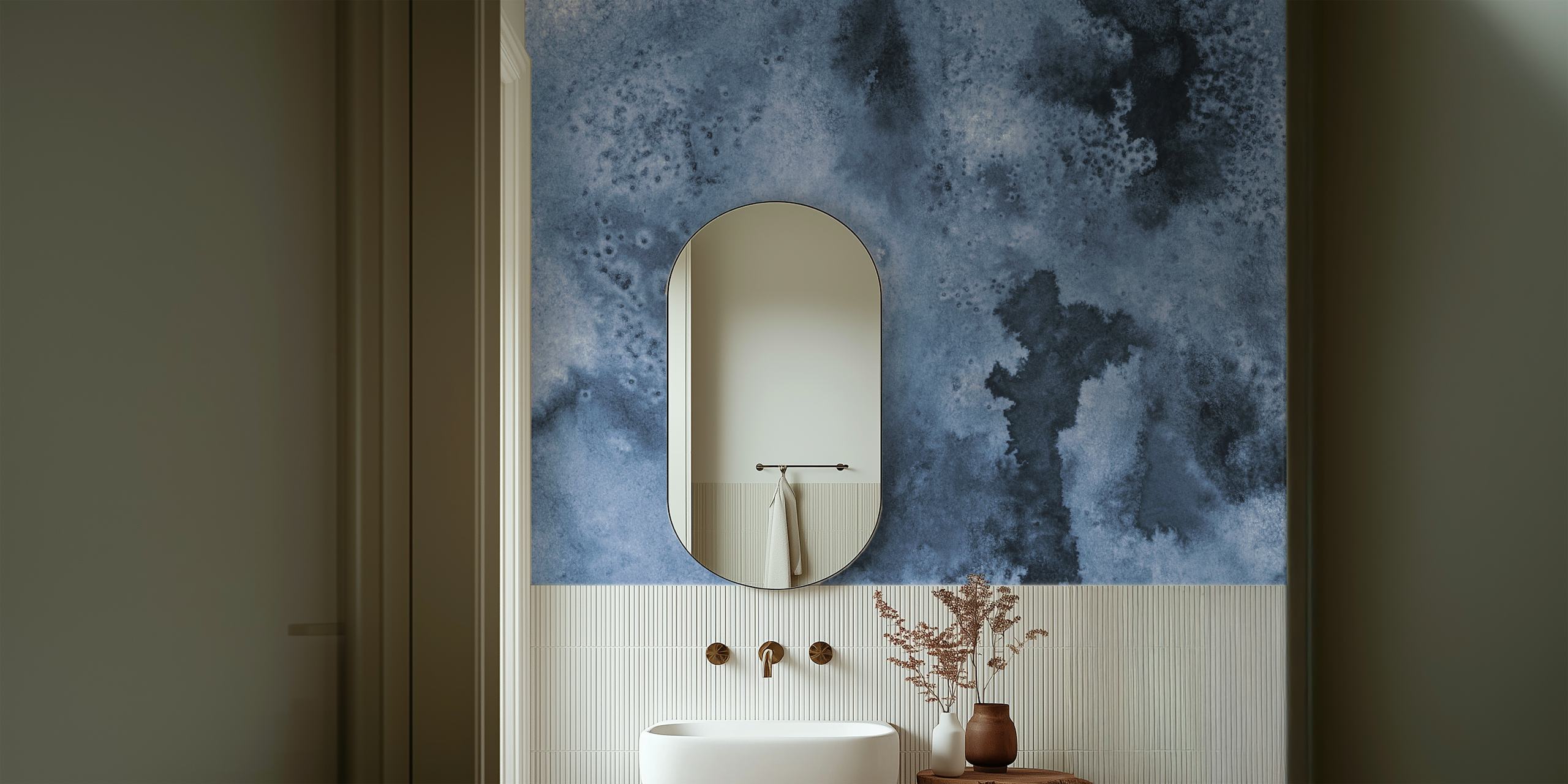 Abstract ink spill pattern in various shades of blue wallpaper