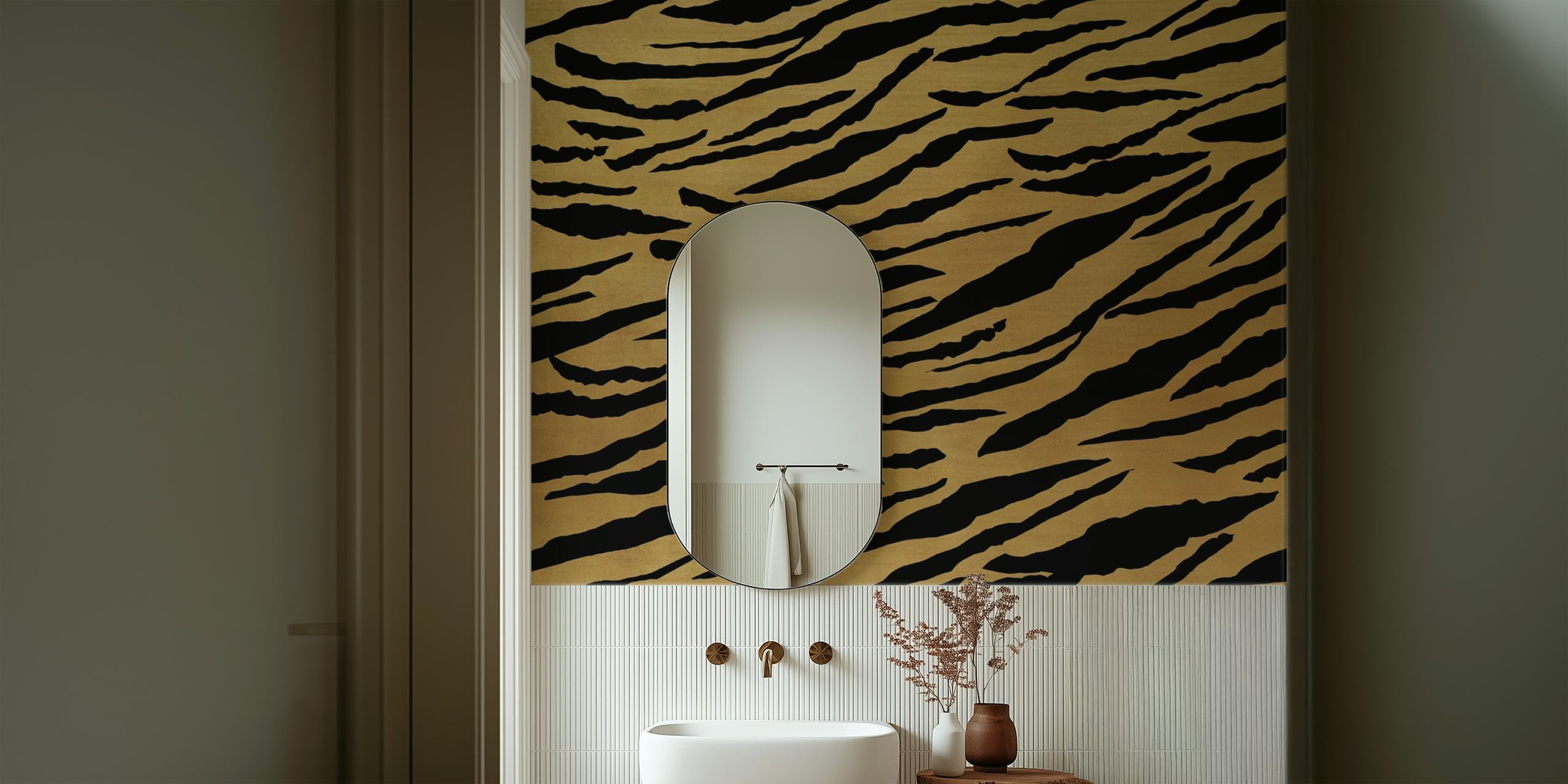 Chic black and gold tiger stripe pattern wall mural for sophisticated home decor.