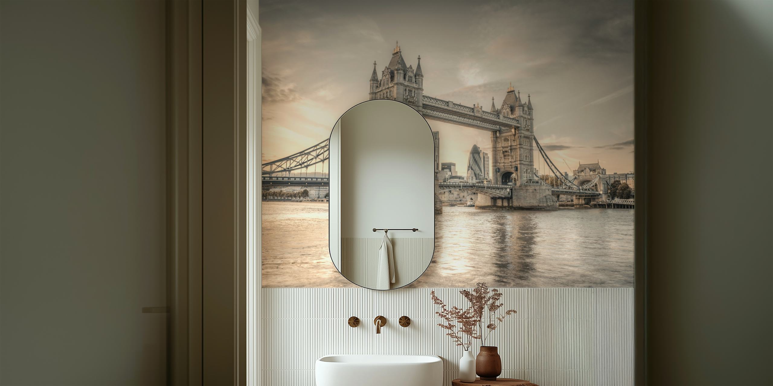 Τοιχογραφία Tower Bridge που απεικονίζει το διάσημο ορόσημο του Λονδίνου σε vintage τόνο