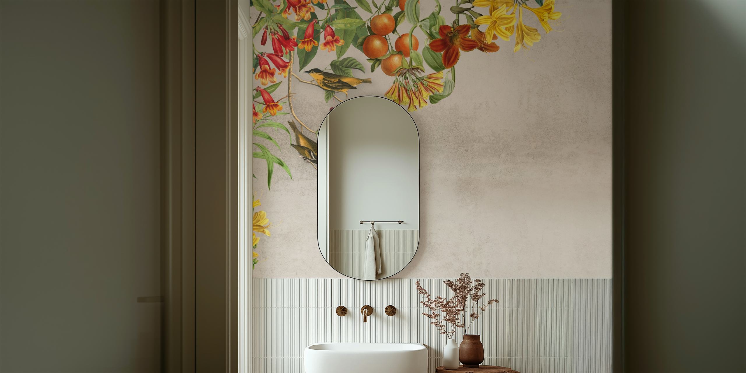 Floral and bird motifs with orange and yellow flowers, green leaves, and birds on a textured gray background wallpaper