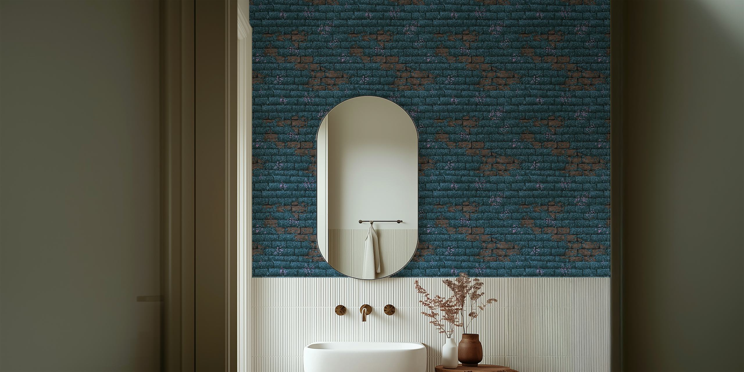 Papel de parede Moss on Brick Wall 3, uma mistura serena de natureza e textura urbana para decoração de interiores.