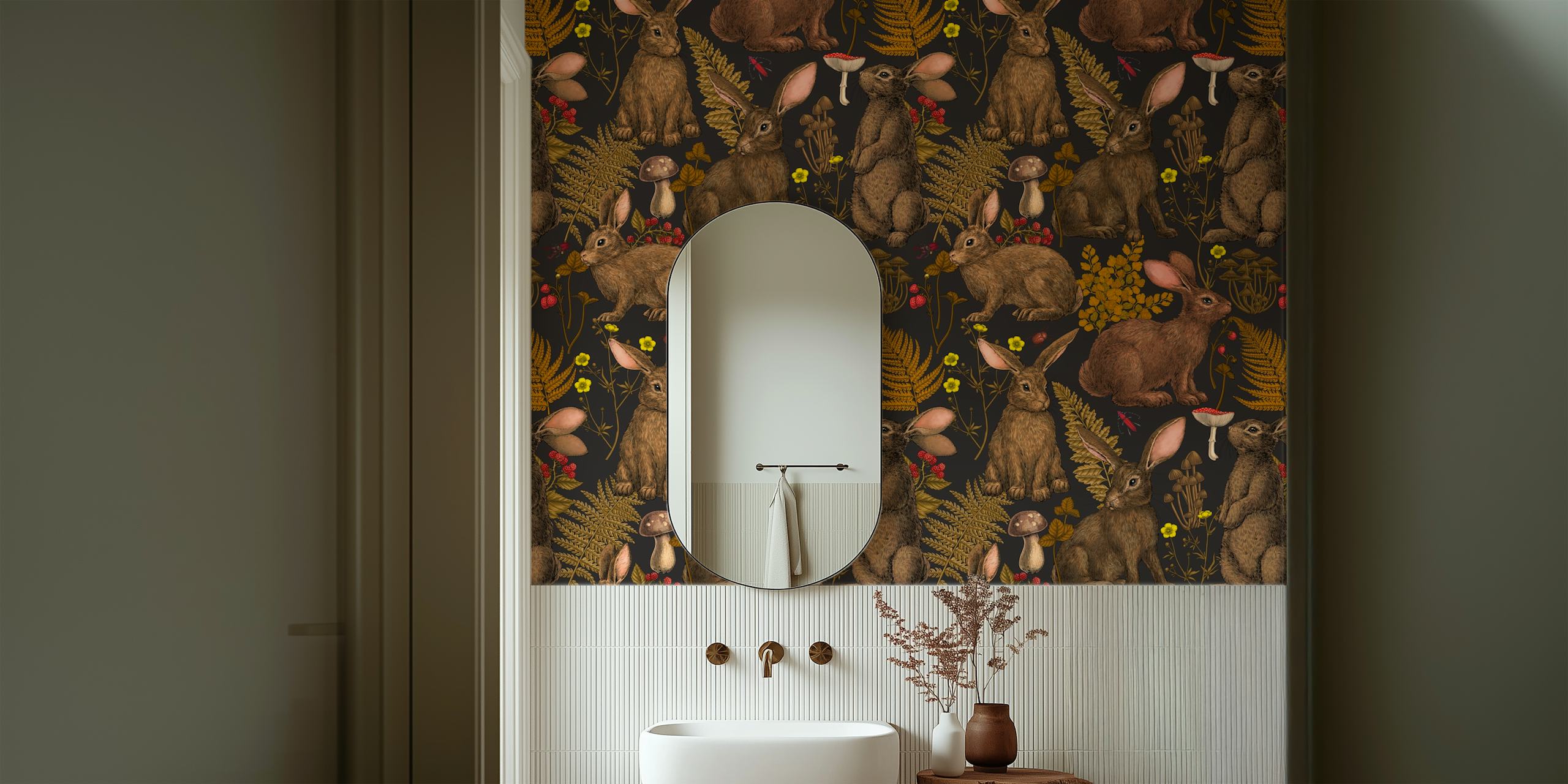 Whimsical rabbits hidden amongst lush woodland flora wall mural
