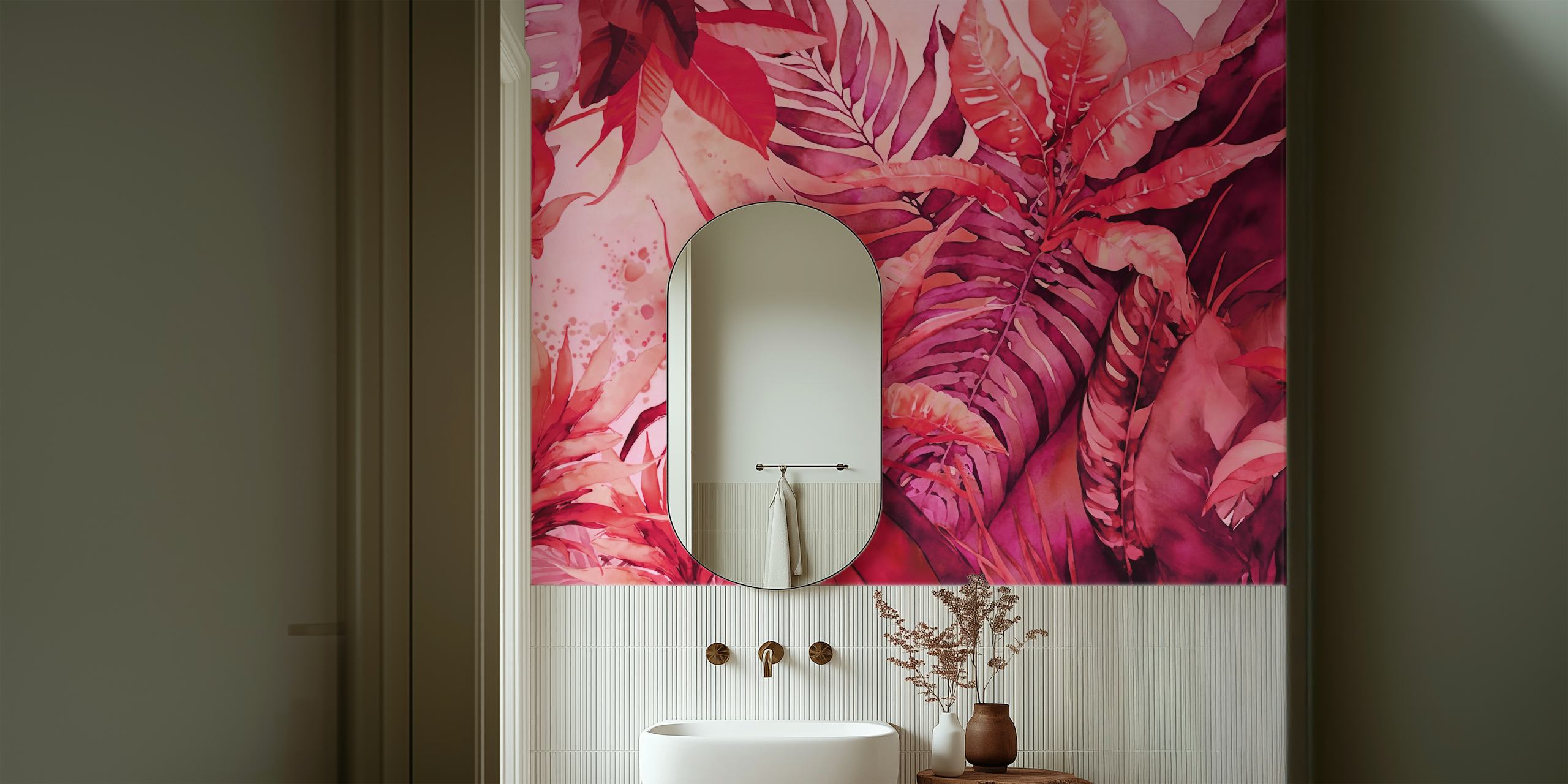 Tropical foliage in vibrant pinks and reds wallpaper