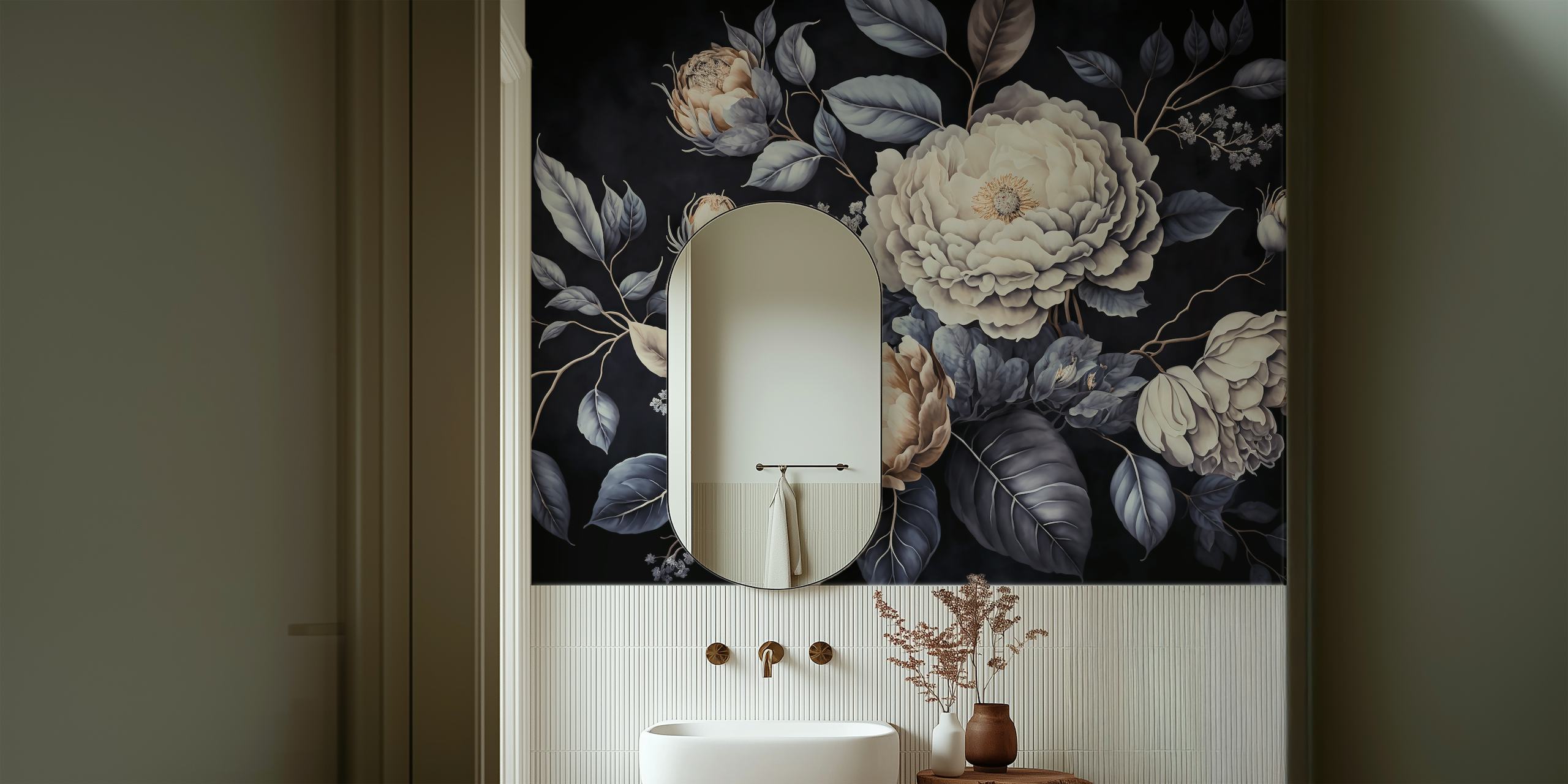 Large floral design with pale flowers and dark leaves wallpaper