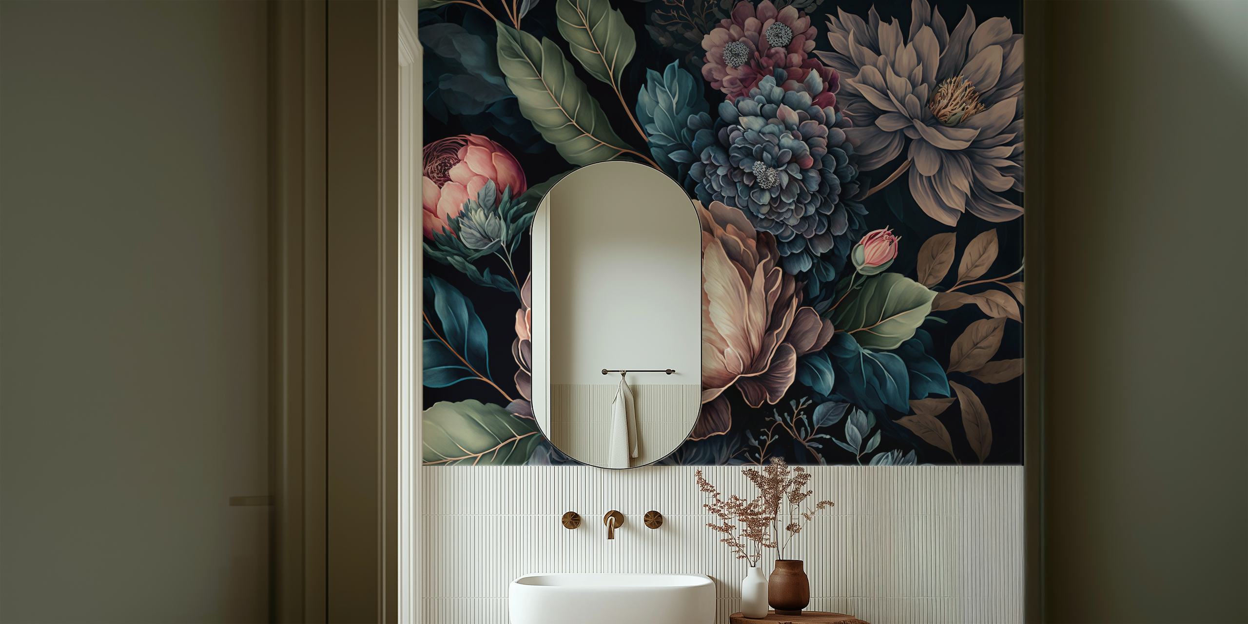 Moody Baroque style large floral wall mural with dark background and richly-hued flowers