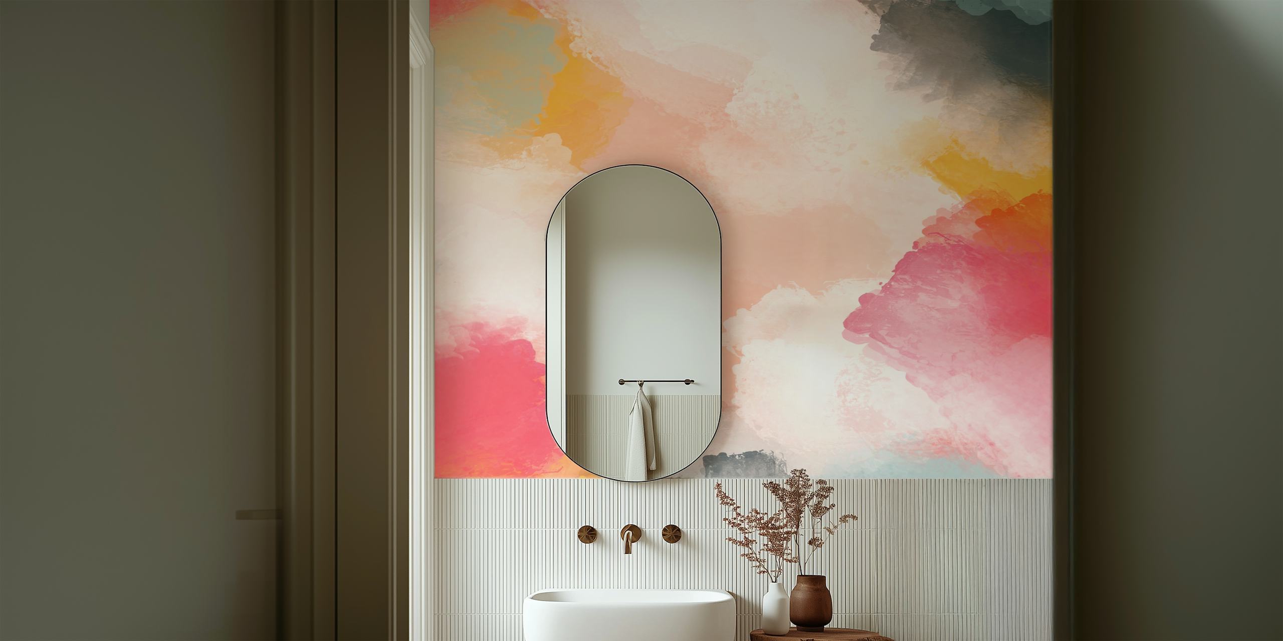 Colorful abstract brush strokes in pink, teal, and orange wallpaper