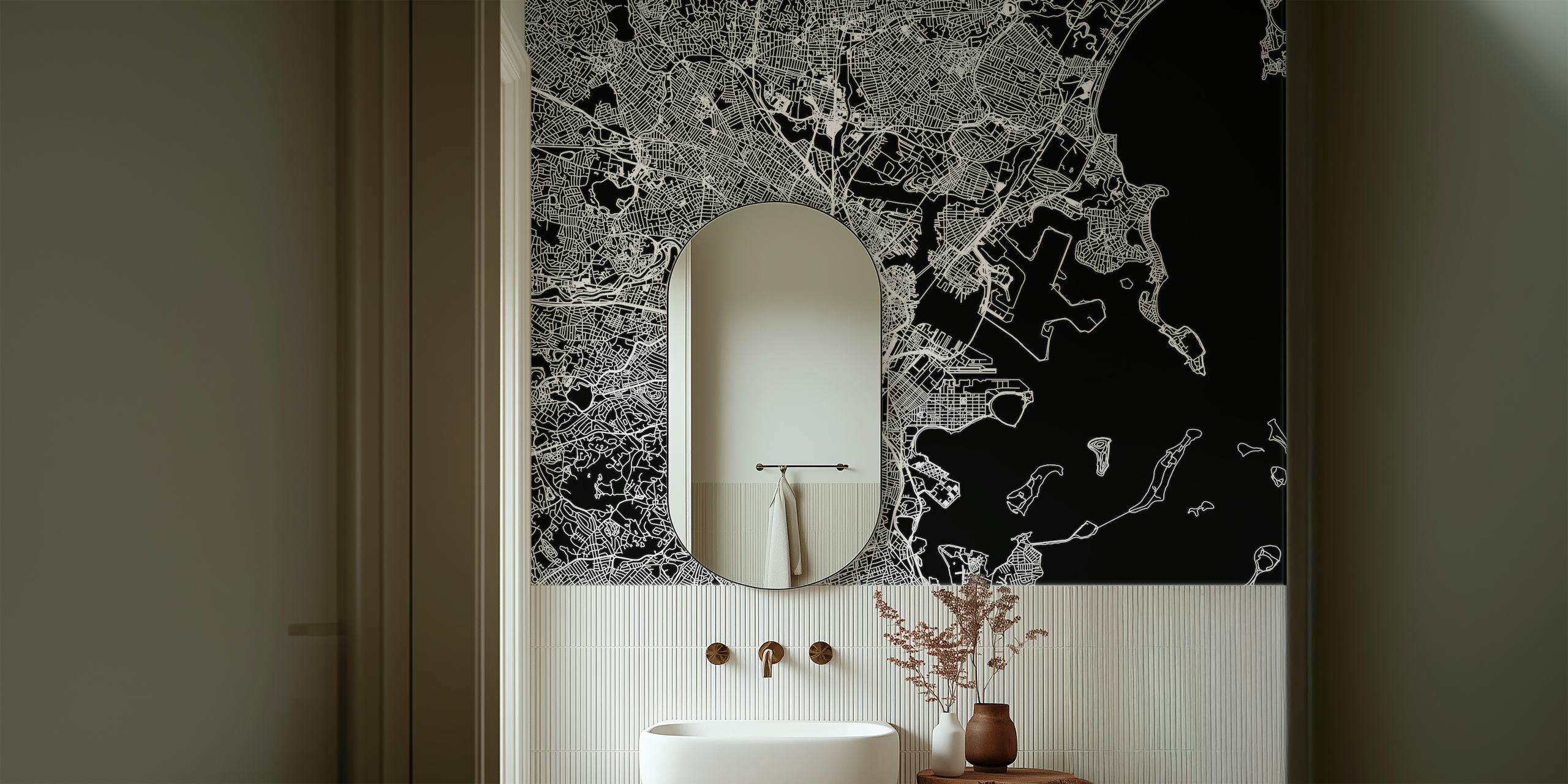 Black and white map of Boston featuring streets and waterfront, wallpaper