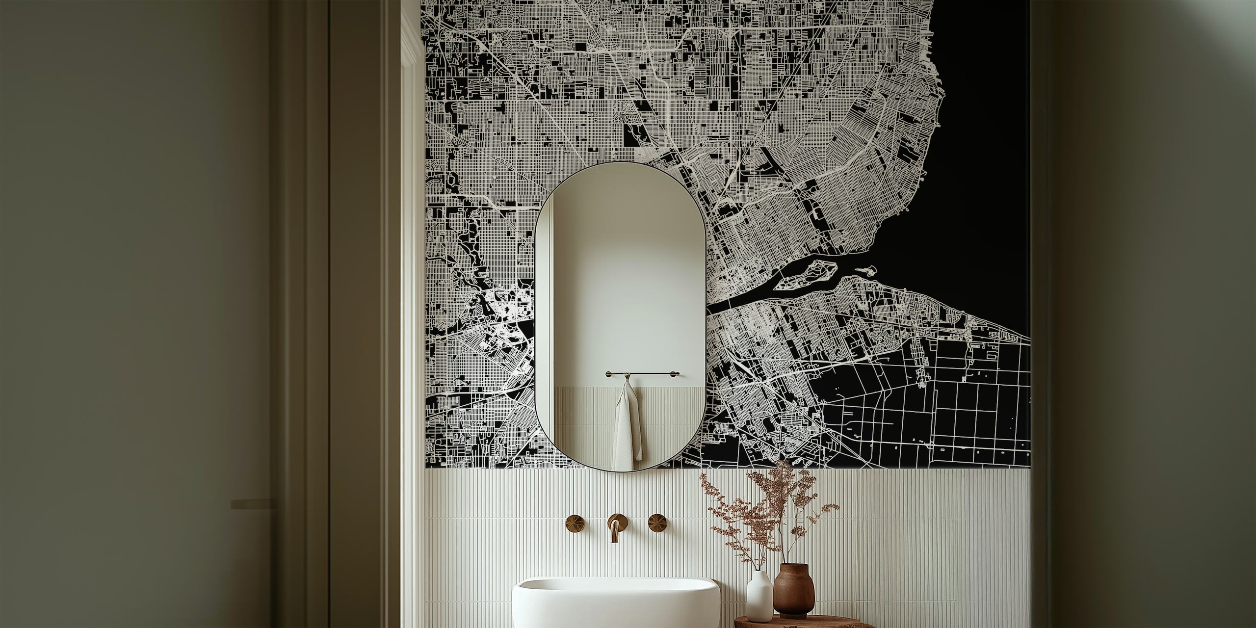 Black and white city map wallpaper with detailed street layout