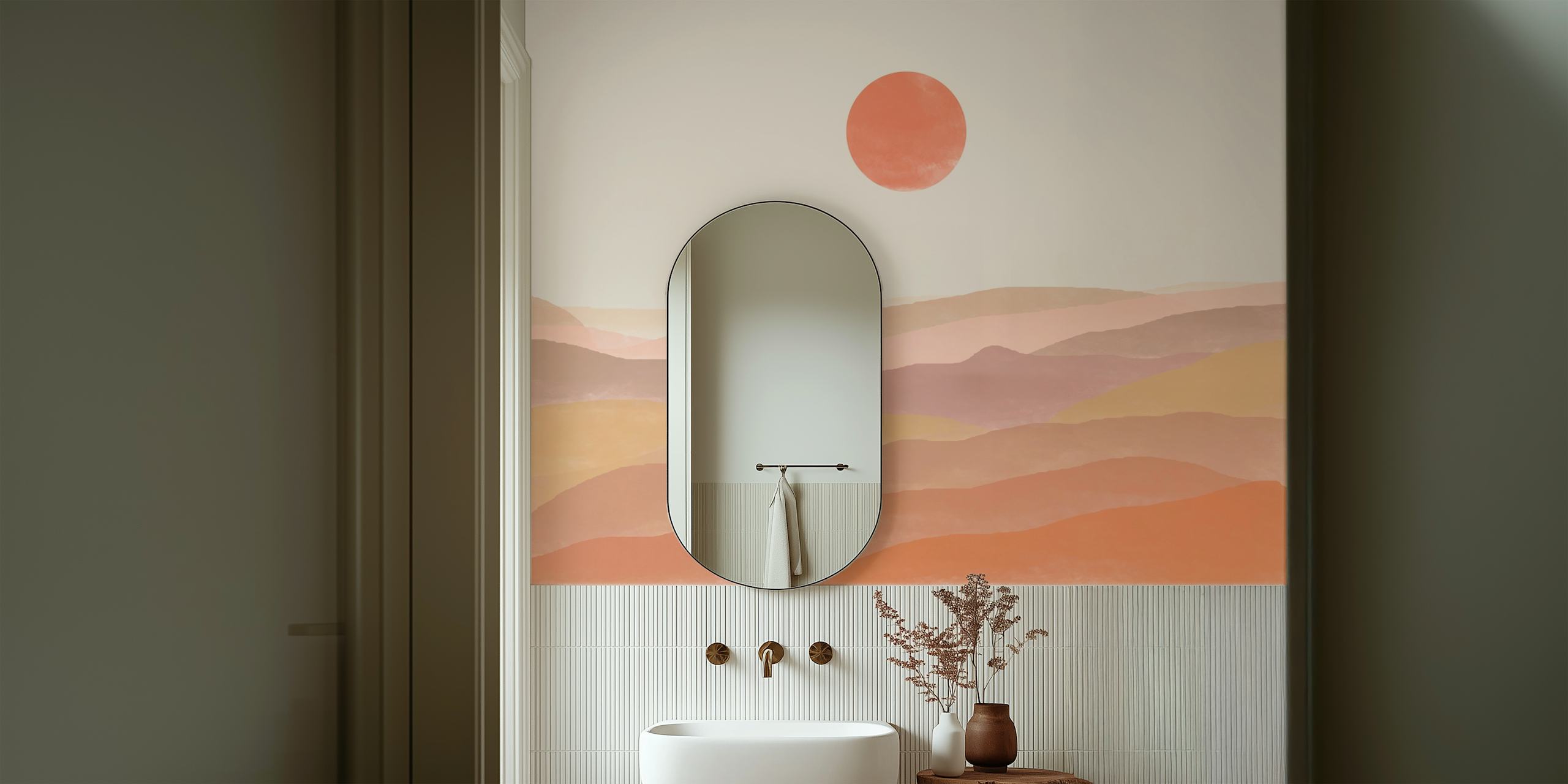Abstract landscape with soft pastel colors and a sun, wallpaper