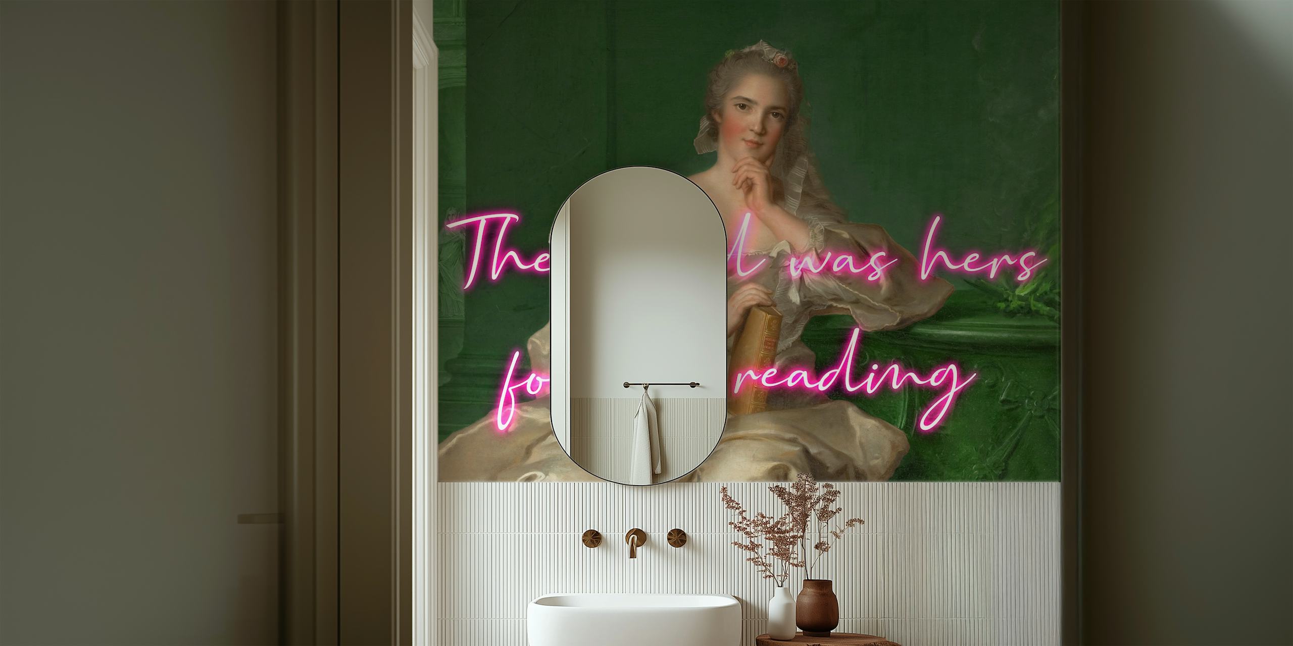 Vintage floral reading wallpaper with lady holding a book, green background