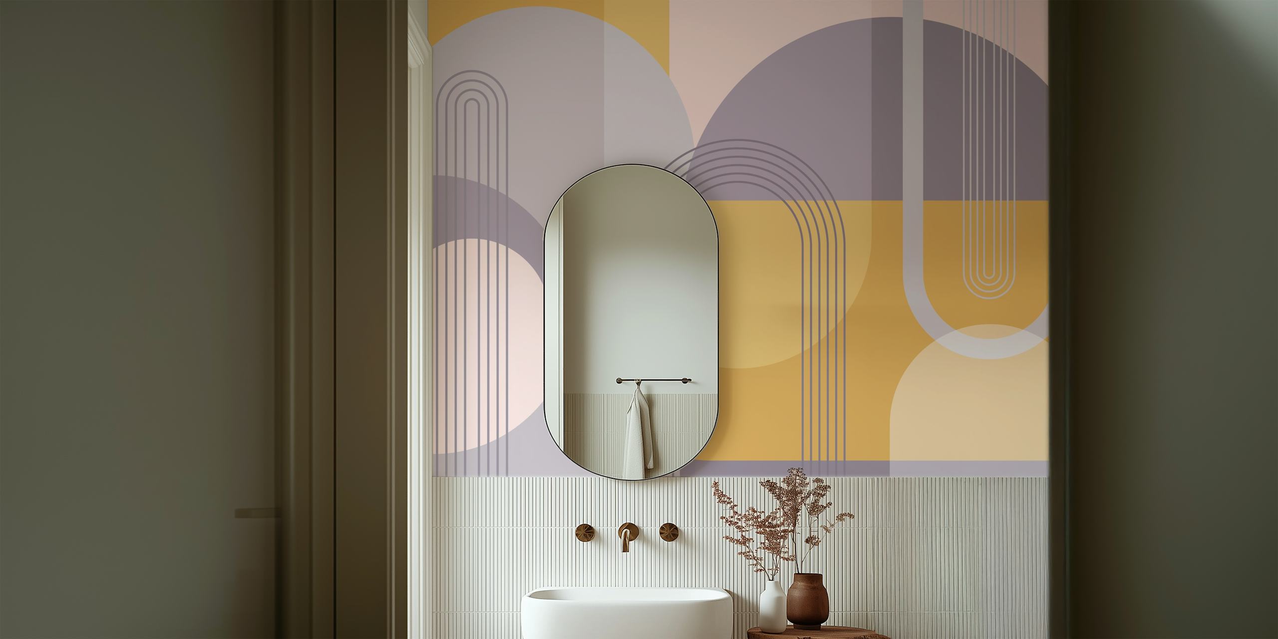 Abstract Arches Lilac Mustard ταπετσαρία σε ένα δωμάτιο
