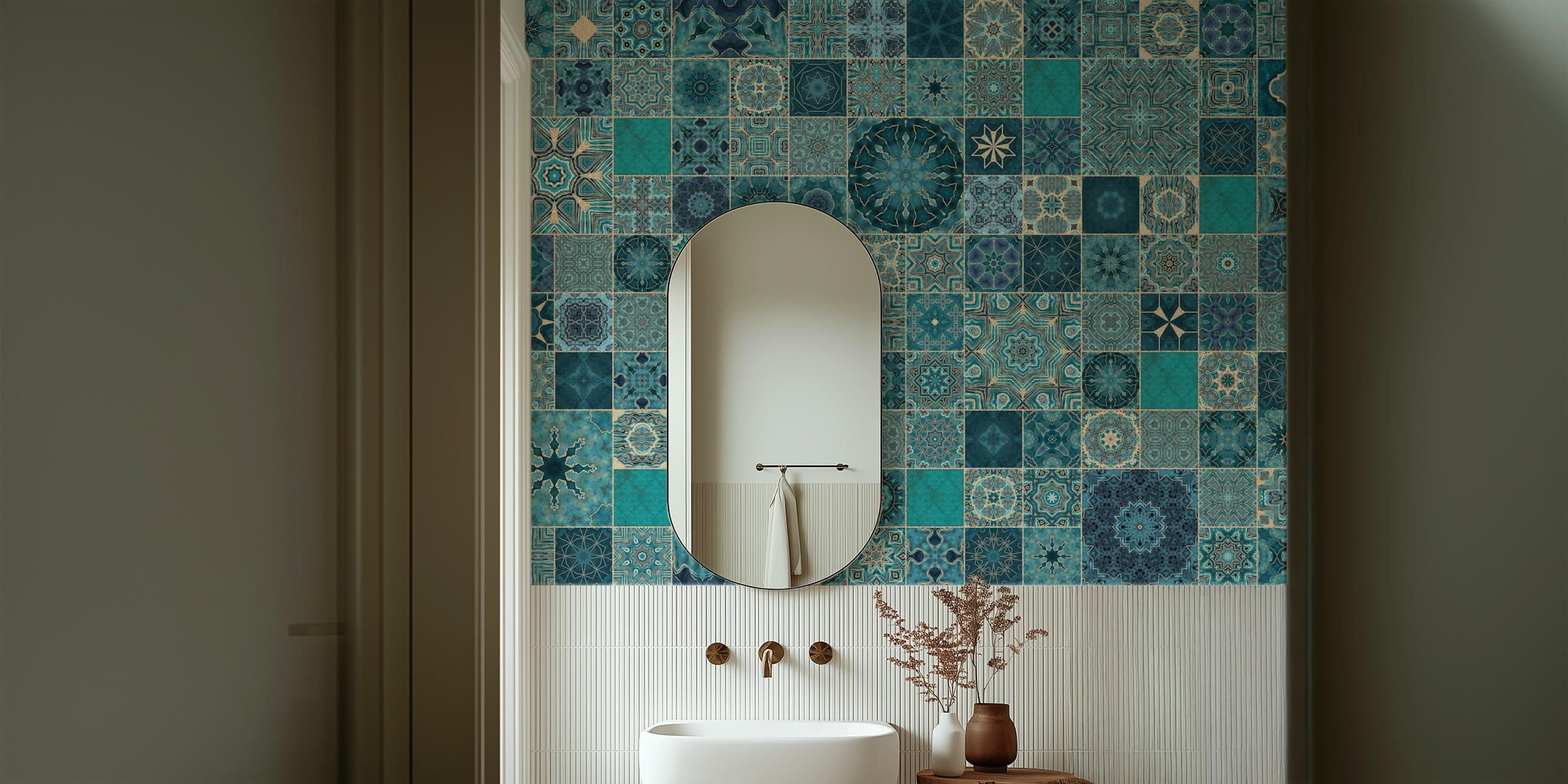 Teal i gold Azulejo tiles w pokoju