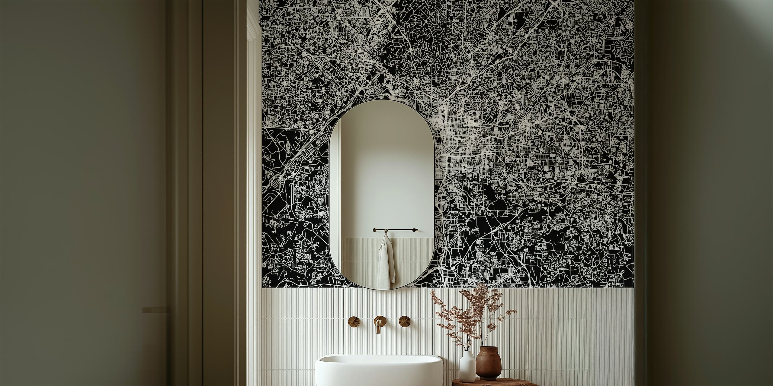 Stylish black and white map mural of Atlanta's city layout for modern interior decor.