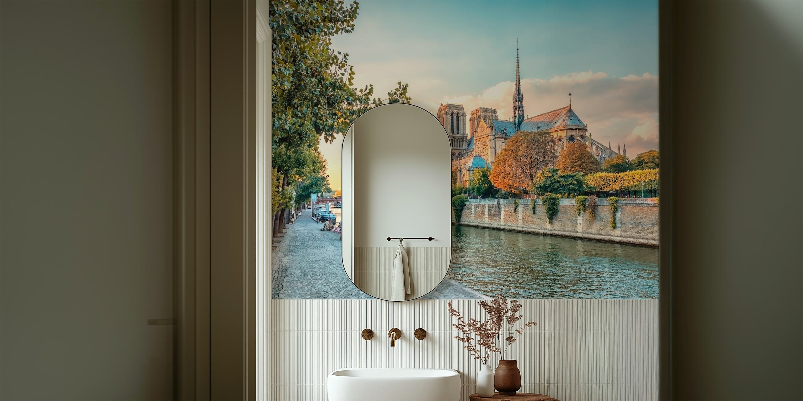 Mural de pared Catedral de Notre Dame al atardecer con el río Sena en París