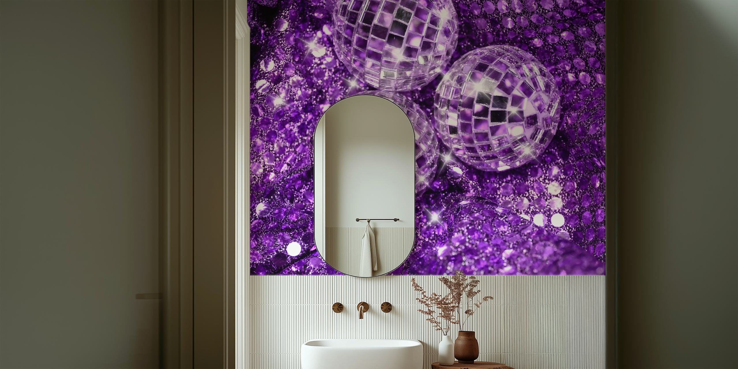 Disco balls and shiny purple sequins wallpaper