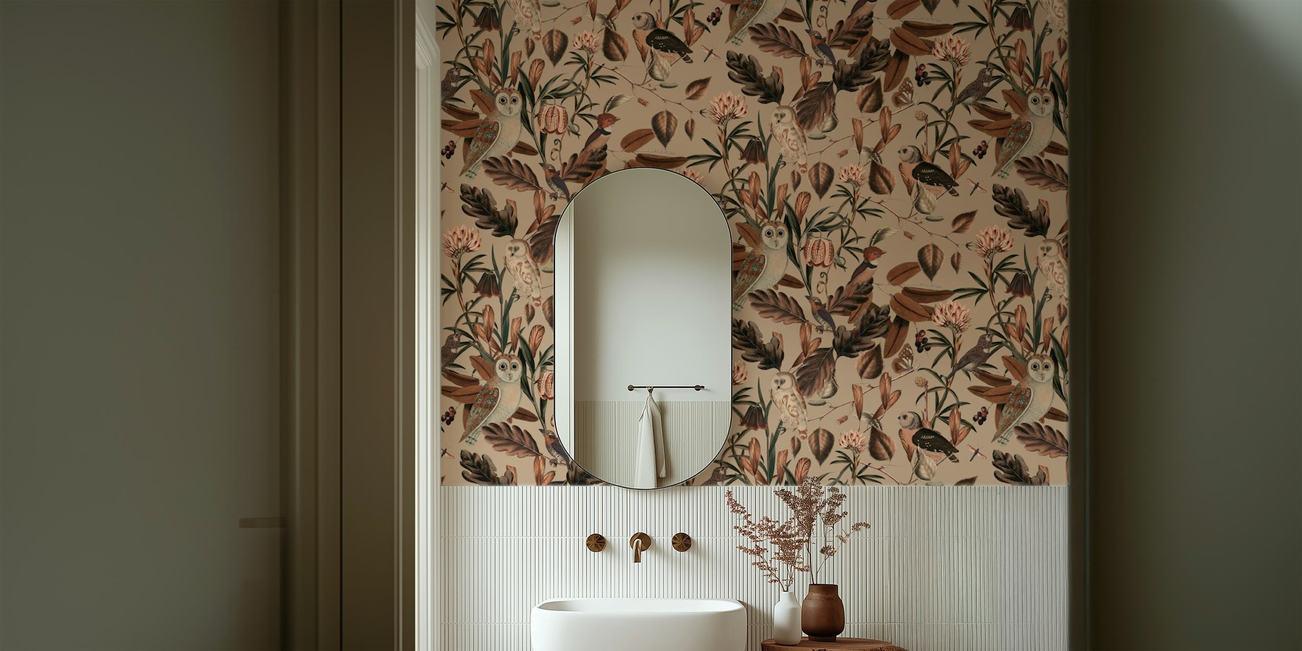 Owls and floral elements in muted colors wallpaper