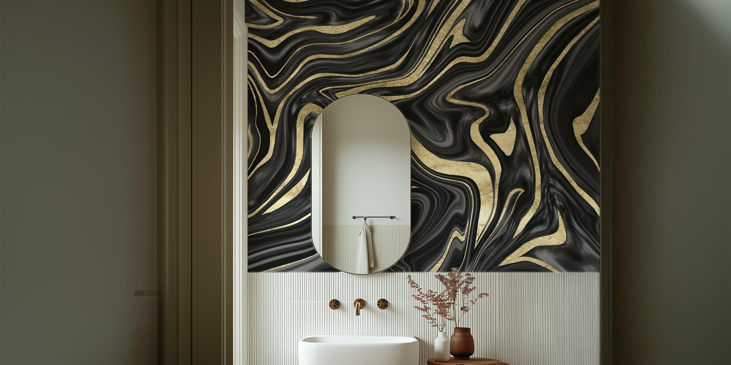 Black gold abstract marble swirls wallpaper