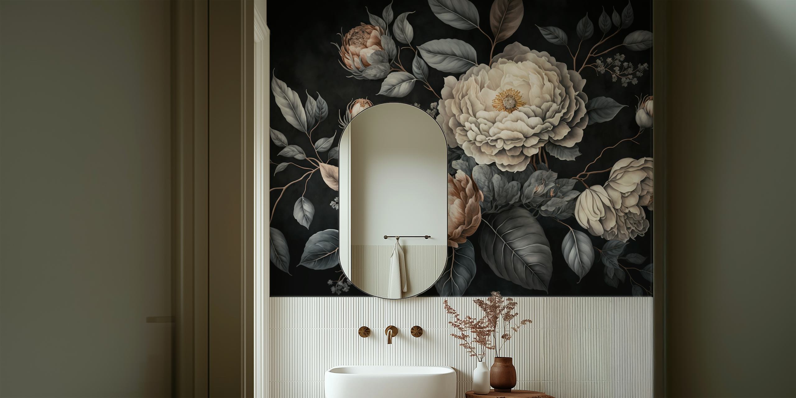 Large floral blooms in soft beige and cream on dark background wallpaper
