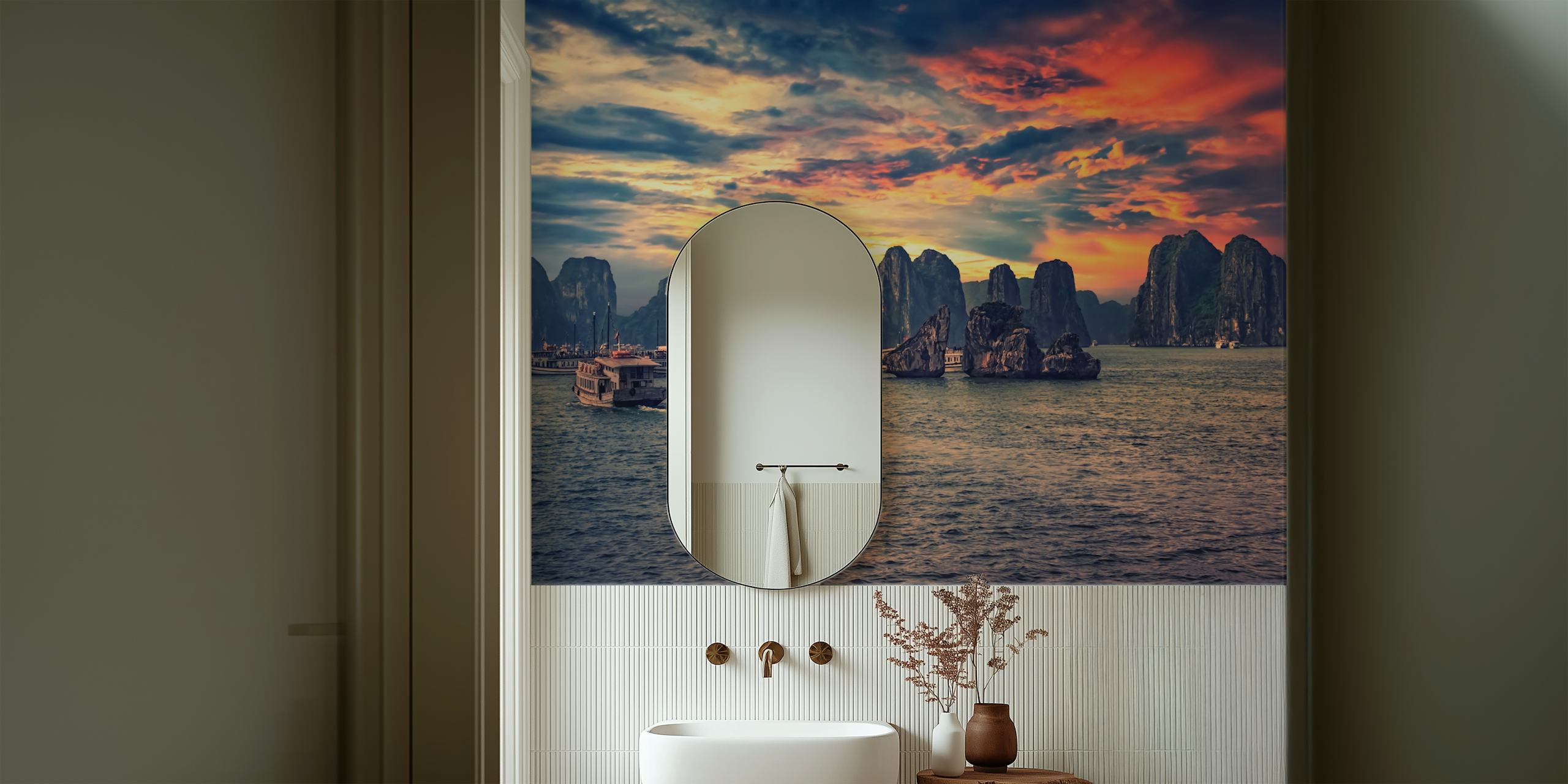 Wall mural of Halong Bay with boats and cliffs