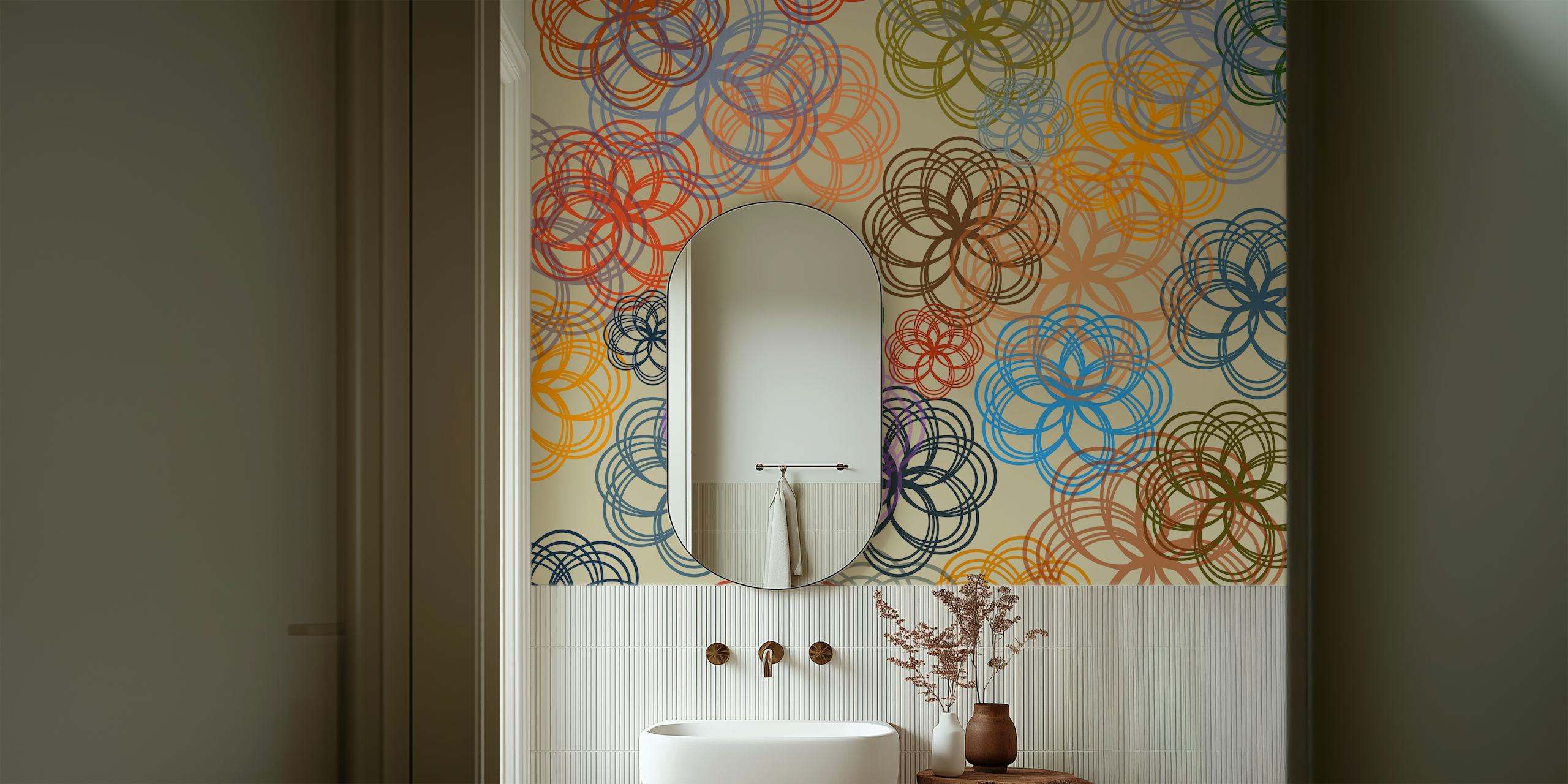 Abstract geometric floral patterns wall mural in a pastel color scheme