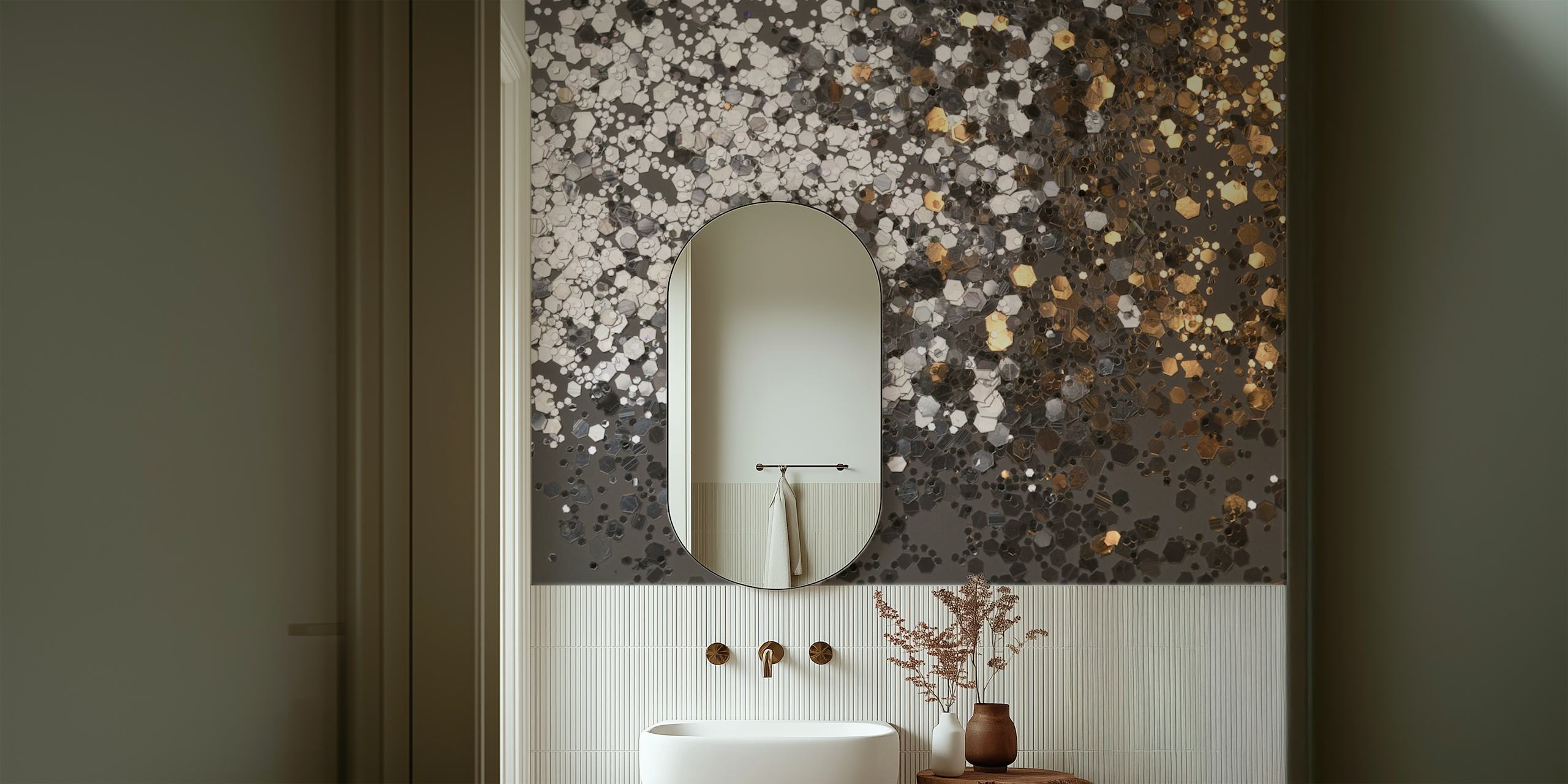 Silver and gold glitter wallpaper with hexagonal patterns on a dark background