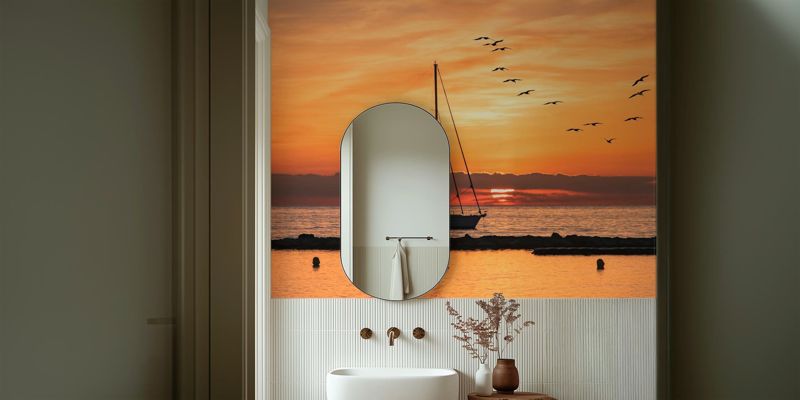 Sailboat silhouette against a sunset backdrop with flying birds over the sea wall mural