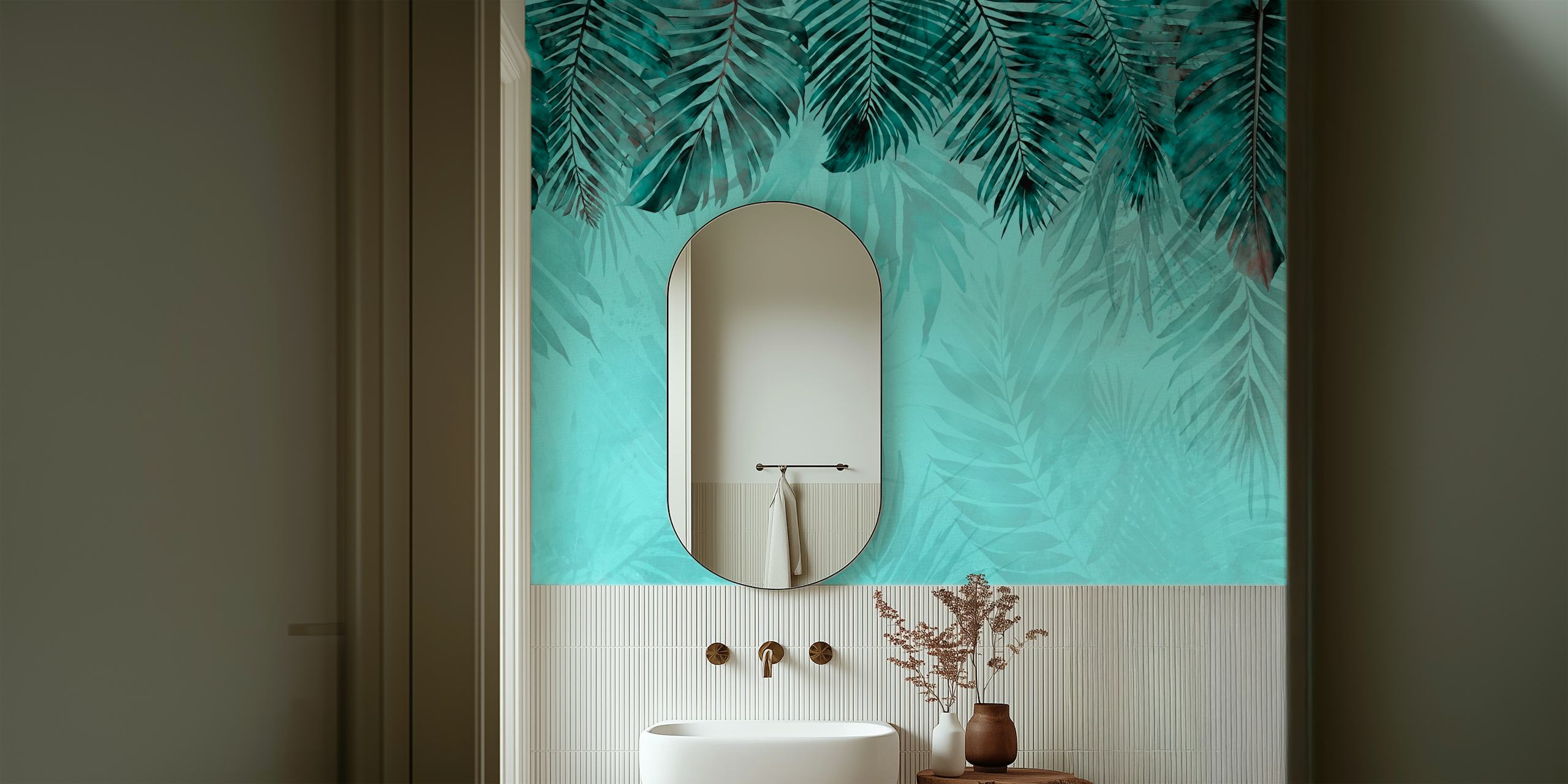 Turquoise and teal jungle-themed wall mural with tropical foliage patterns