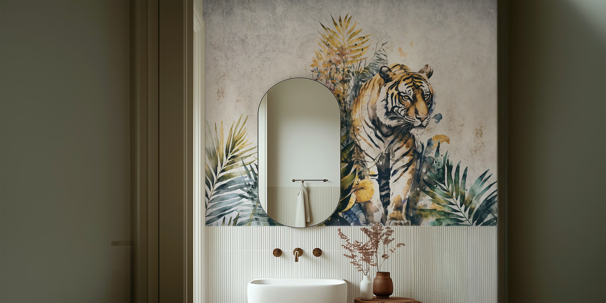 Tiger amidst green tropical leaves on textured wallpaper