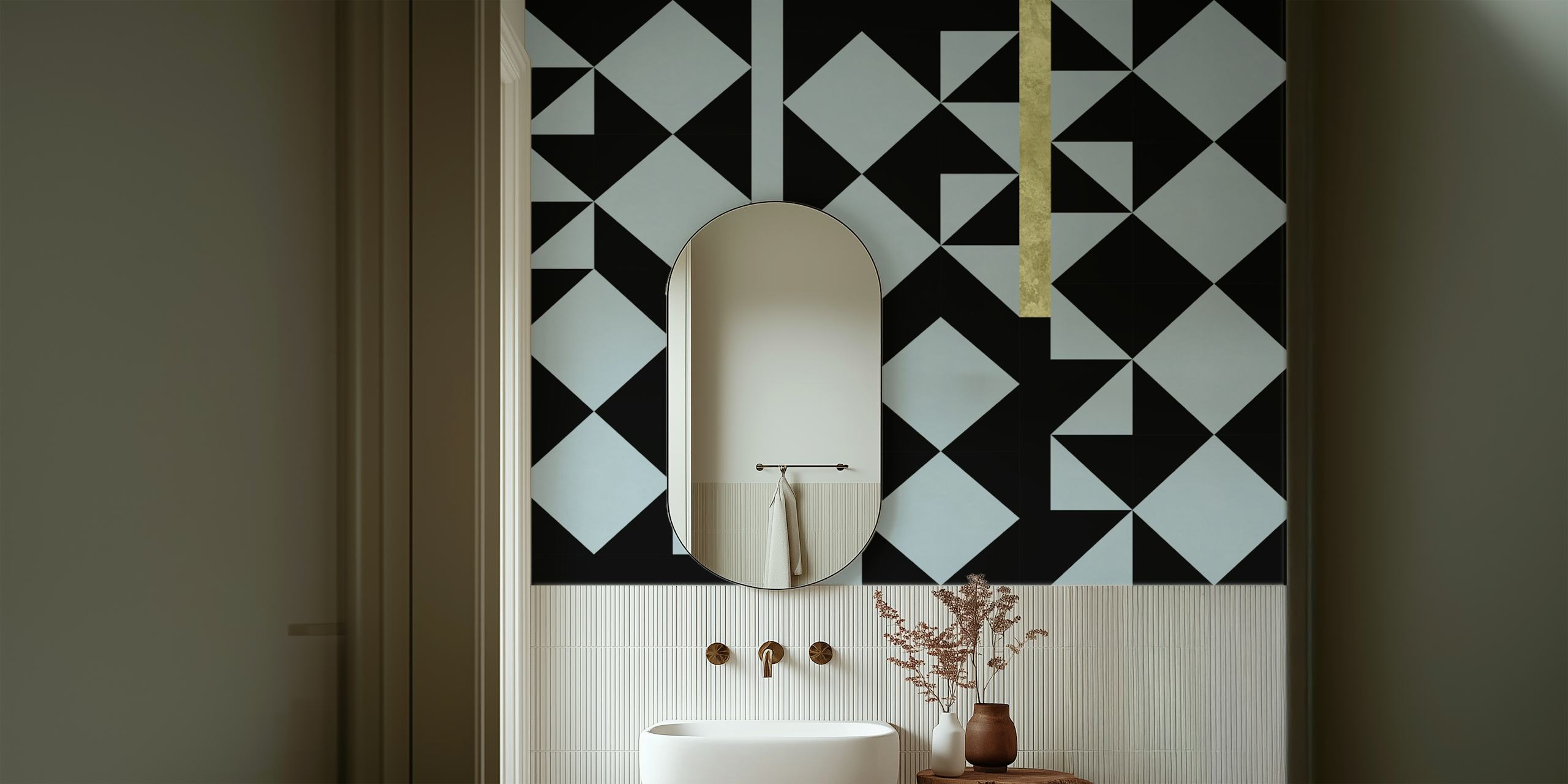Geometric blue diamond pattern with gold accents on black wallpaper