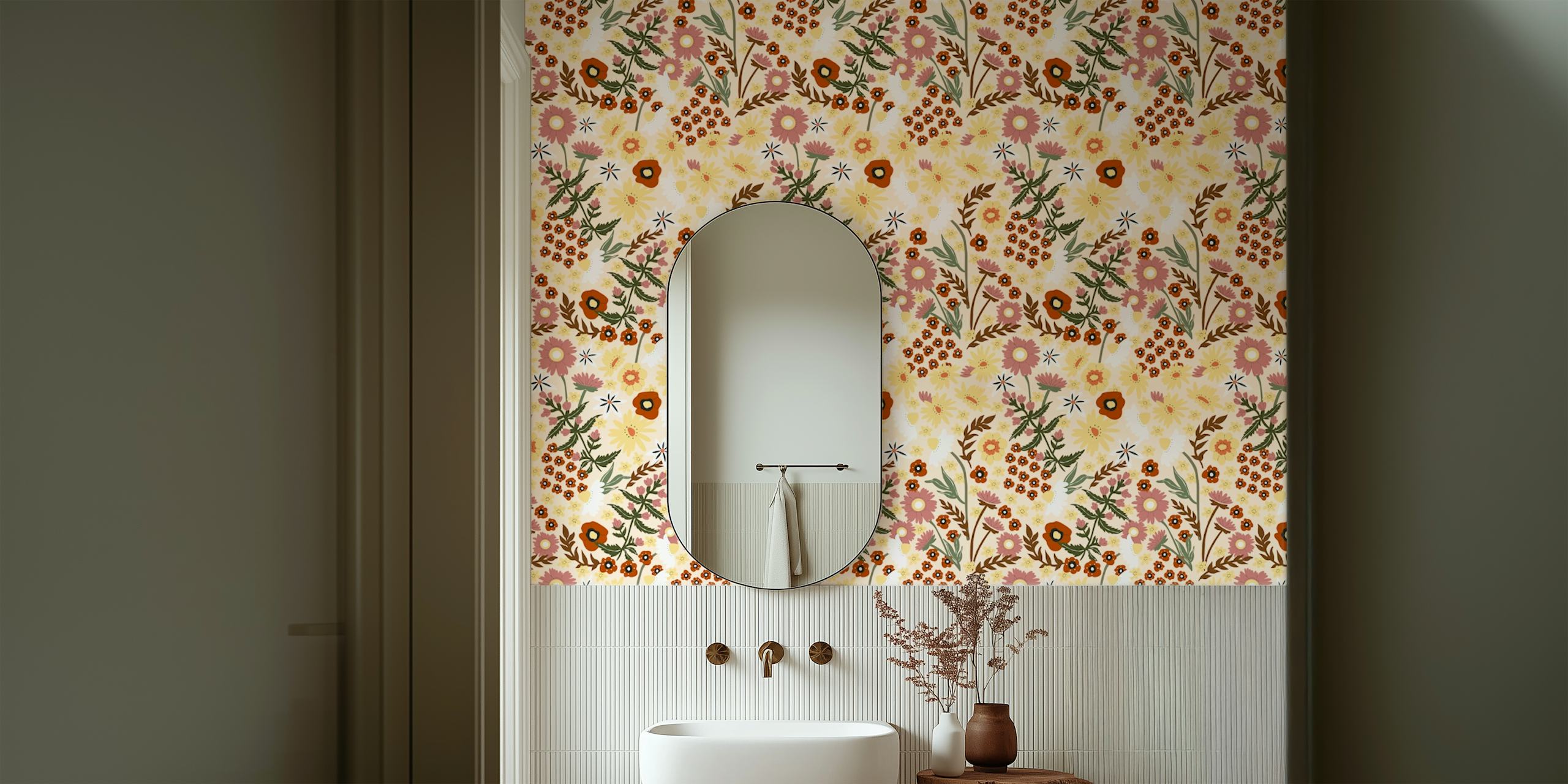 Flowery pink meadow wallpaper in a room