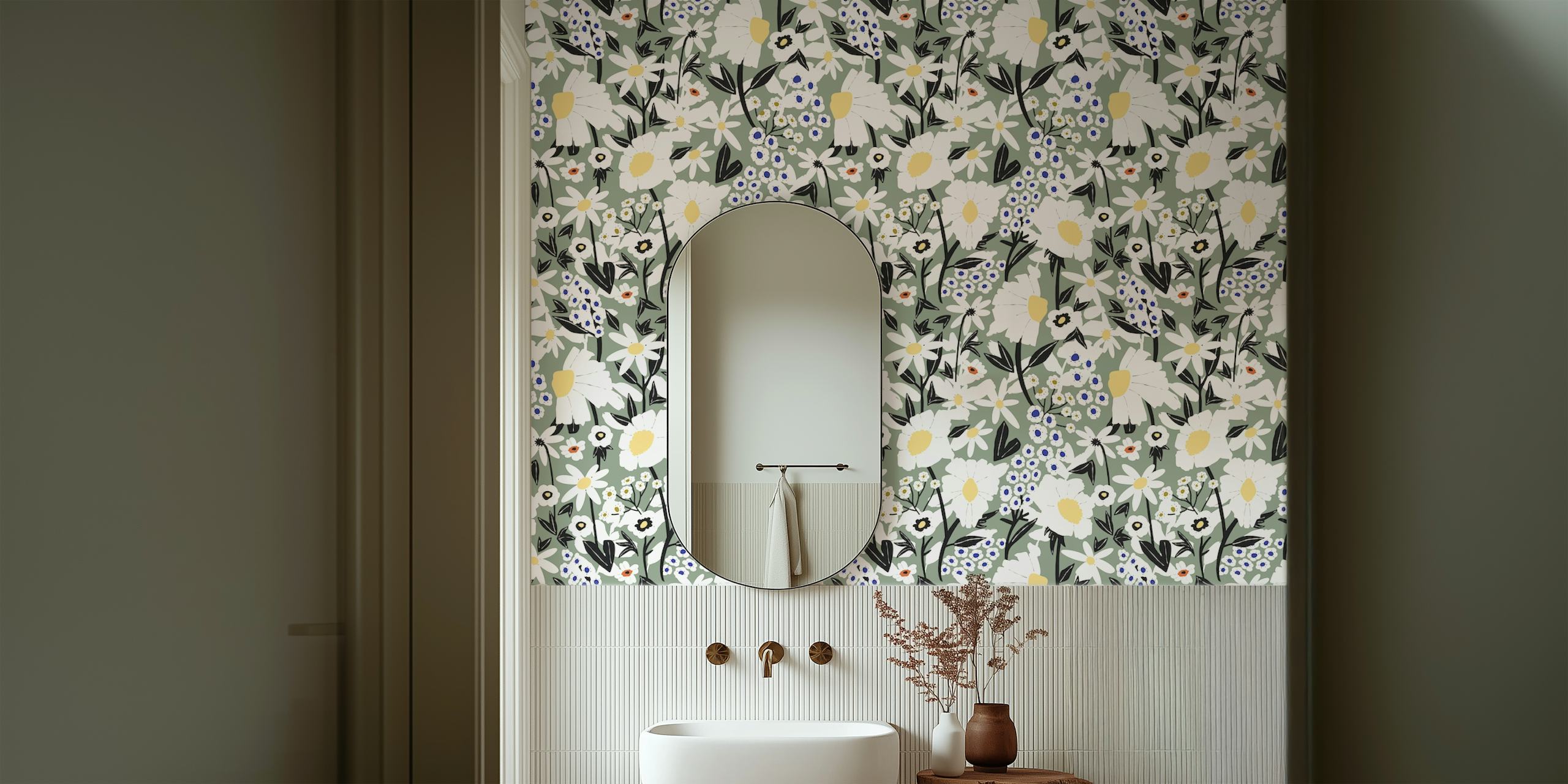 Floral Meadow wallpaper with daisies and blue accents in soft sage green