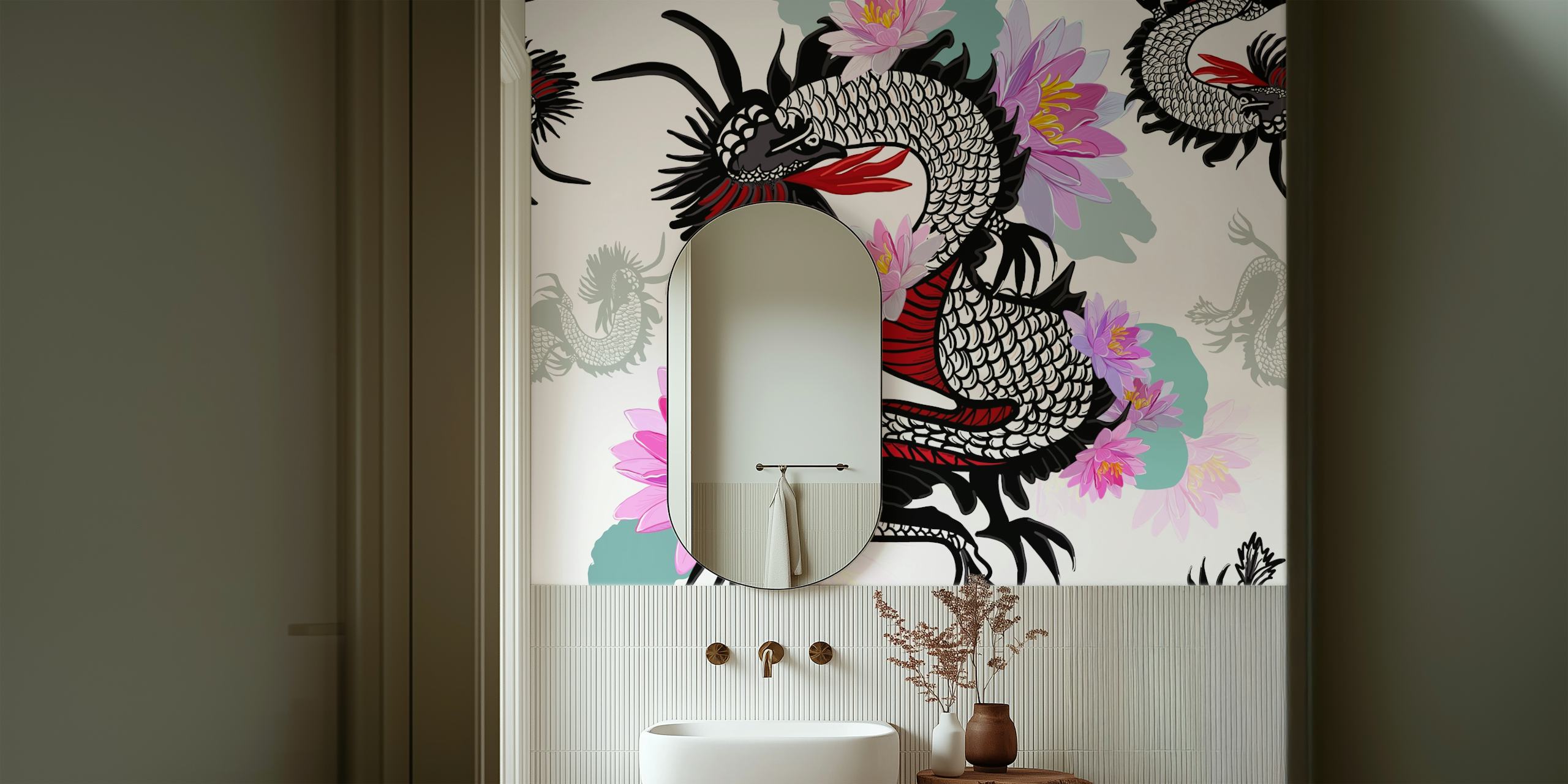 Mythical dragon and blooming lotus wall mural design