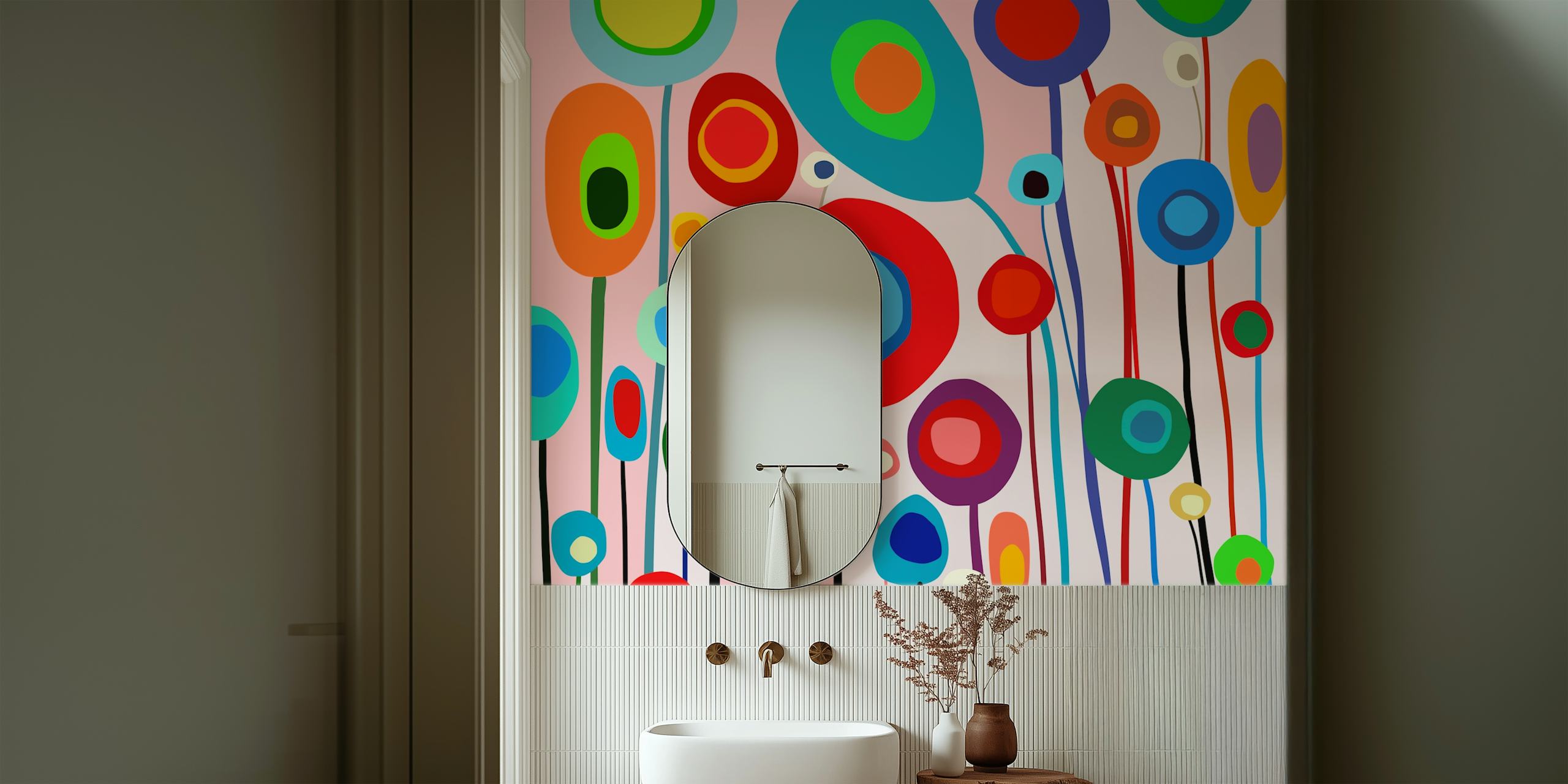 Colorful abstract flower shapes in various colors on a light background wallpaper