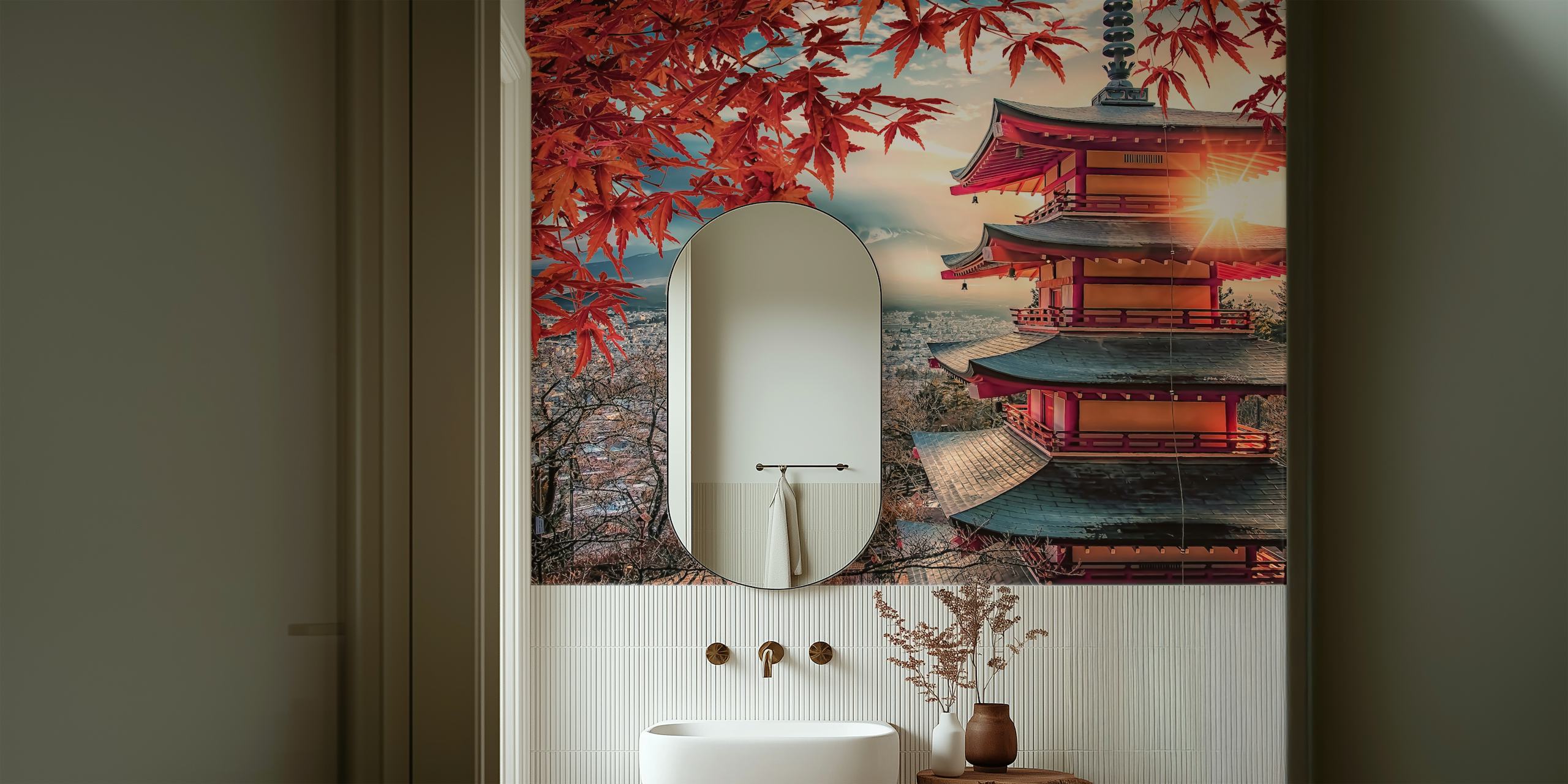 Pagoda with red maple leaves and mountains background wallpaper