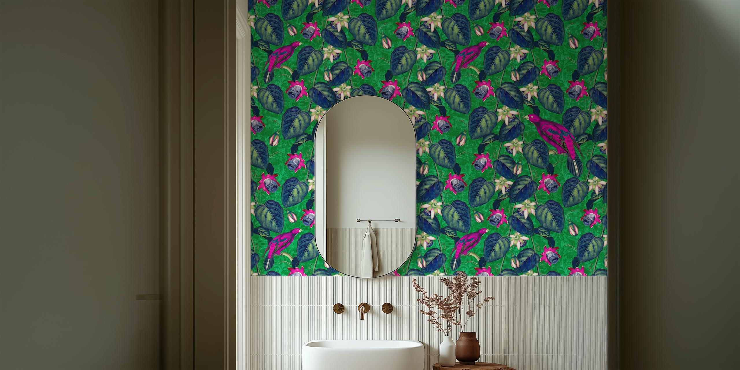 Tropical floral wallpaper with magenta and navy flowers on green background