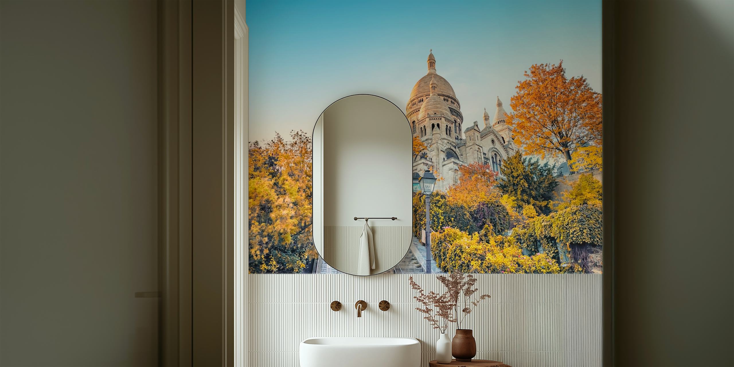 Montmartre autumn scene with golden trees and a cathedral wall mural