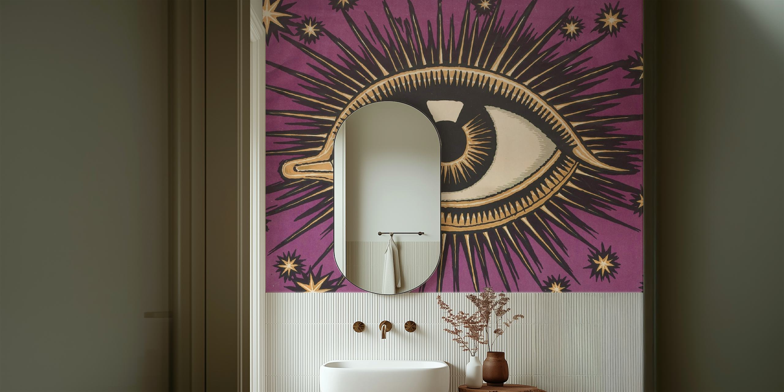 Eye motif with rays and stars on purple background wallpaper
