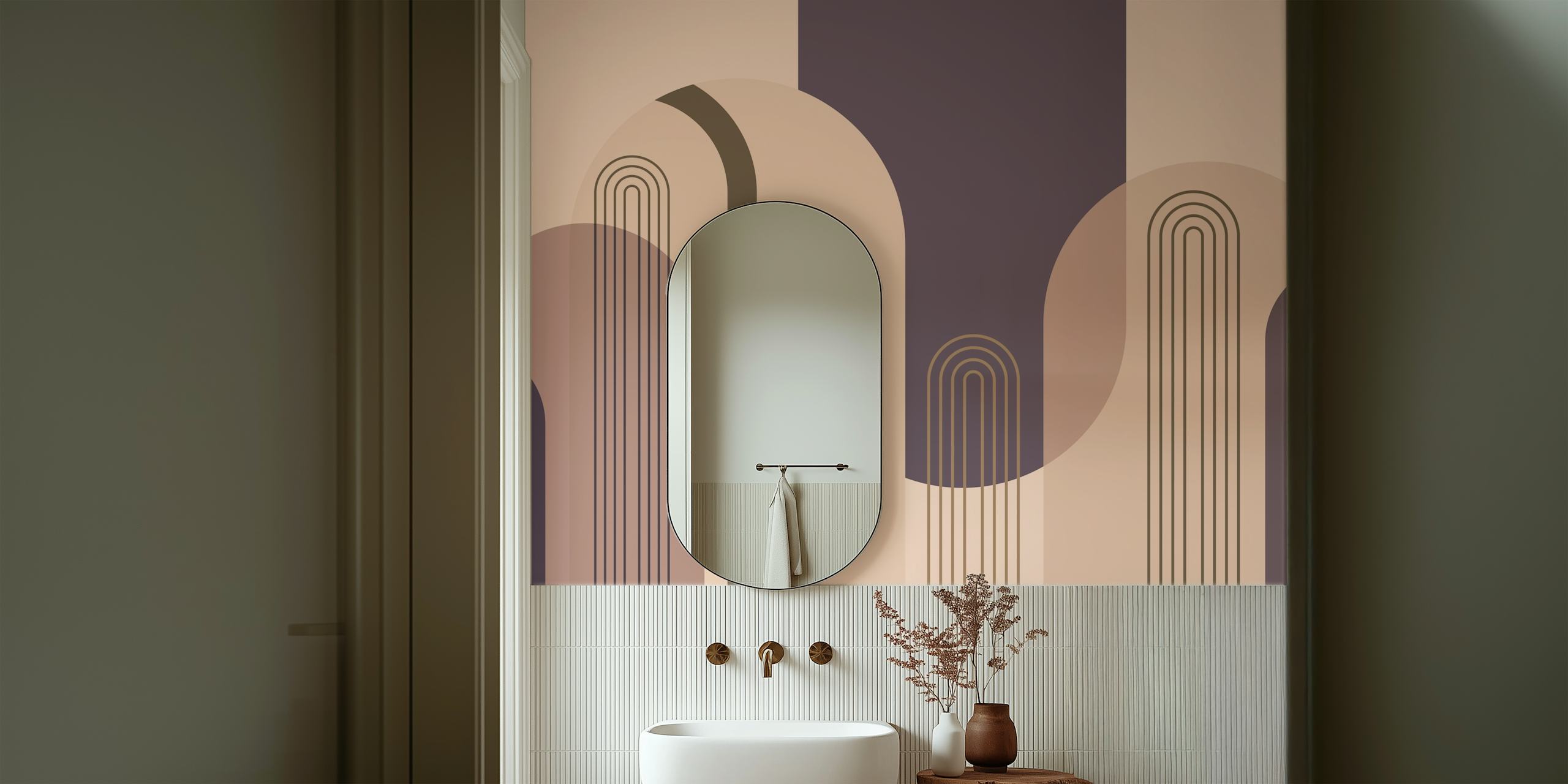 Mid Century Arches Aubergine Wall Mural with geometric shapes