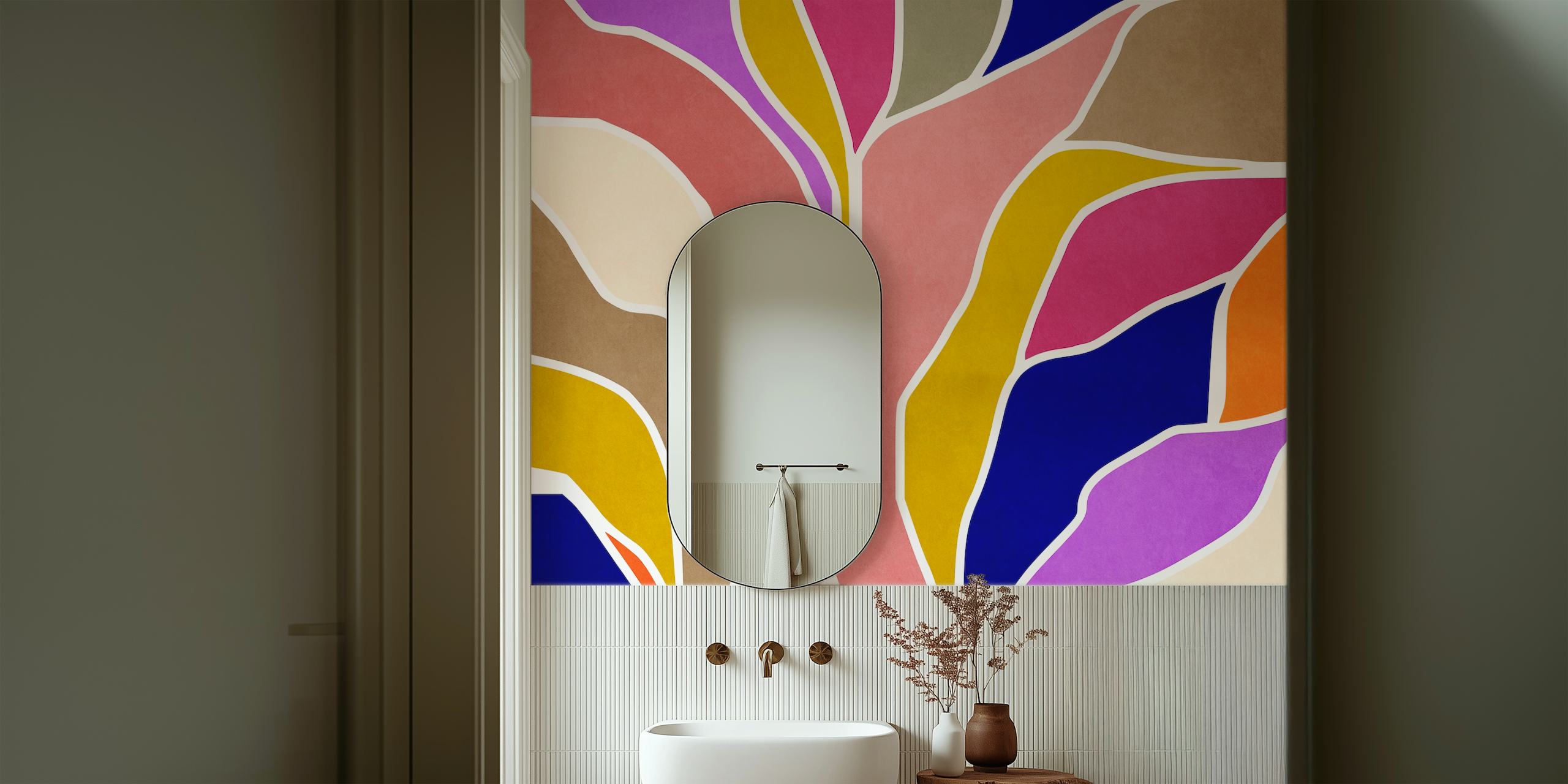 Colorful abstract leaf patterns in pink, orange, and blue wallpaper