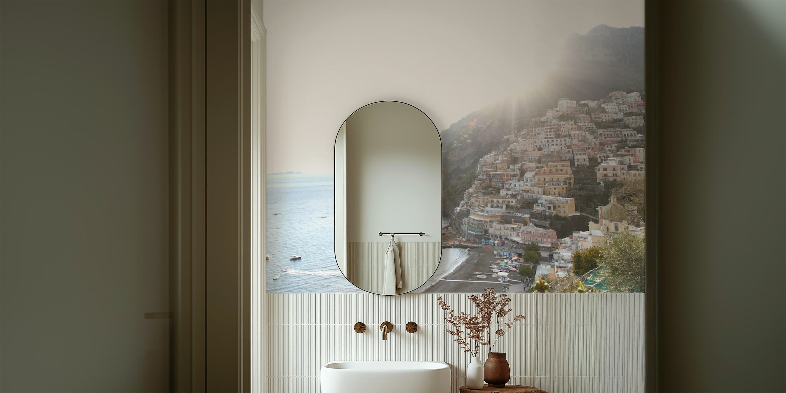 Coastal view wallpaper featuring pastel houses and sea tones