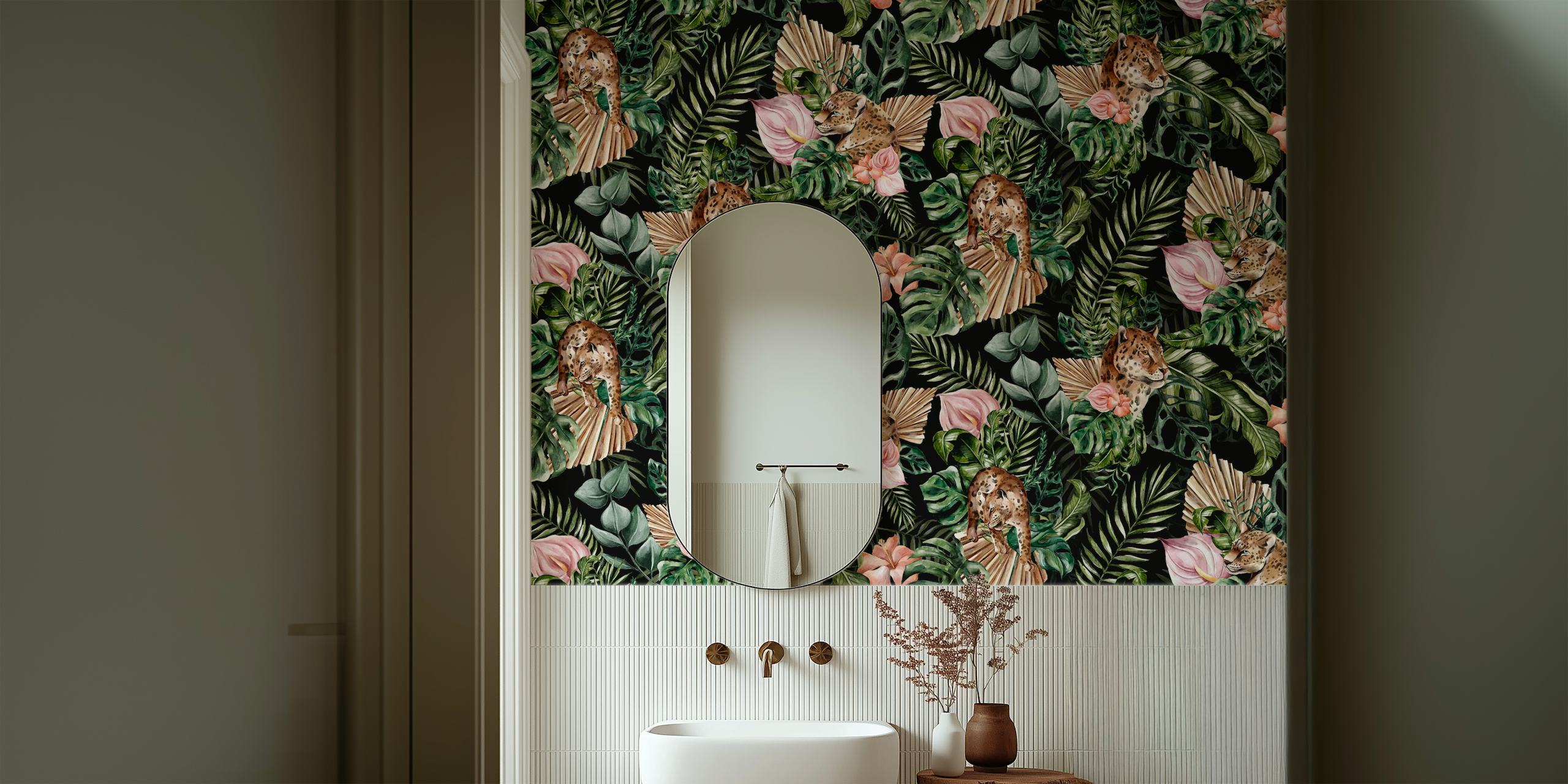 Cheetah and blooming flowers with green leaves wallpaper