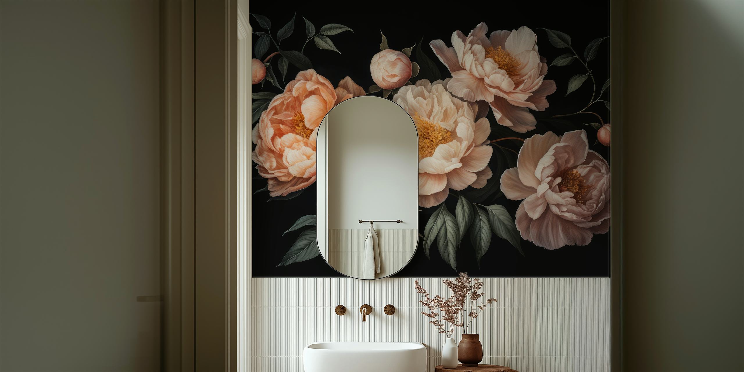 Elegant peach peonies on a dark background in a baroque night garden wall mural