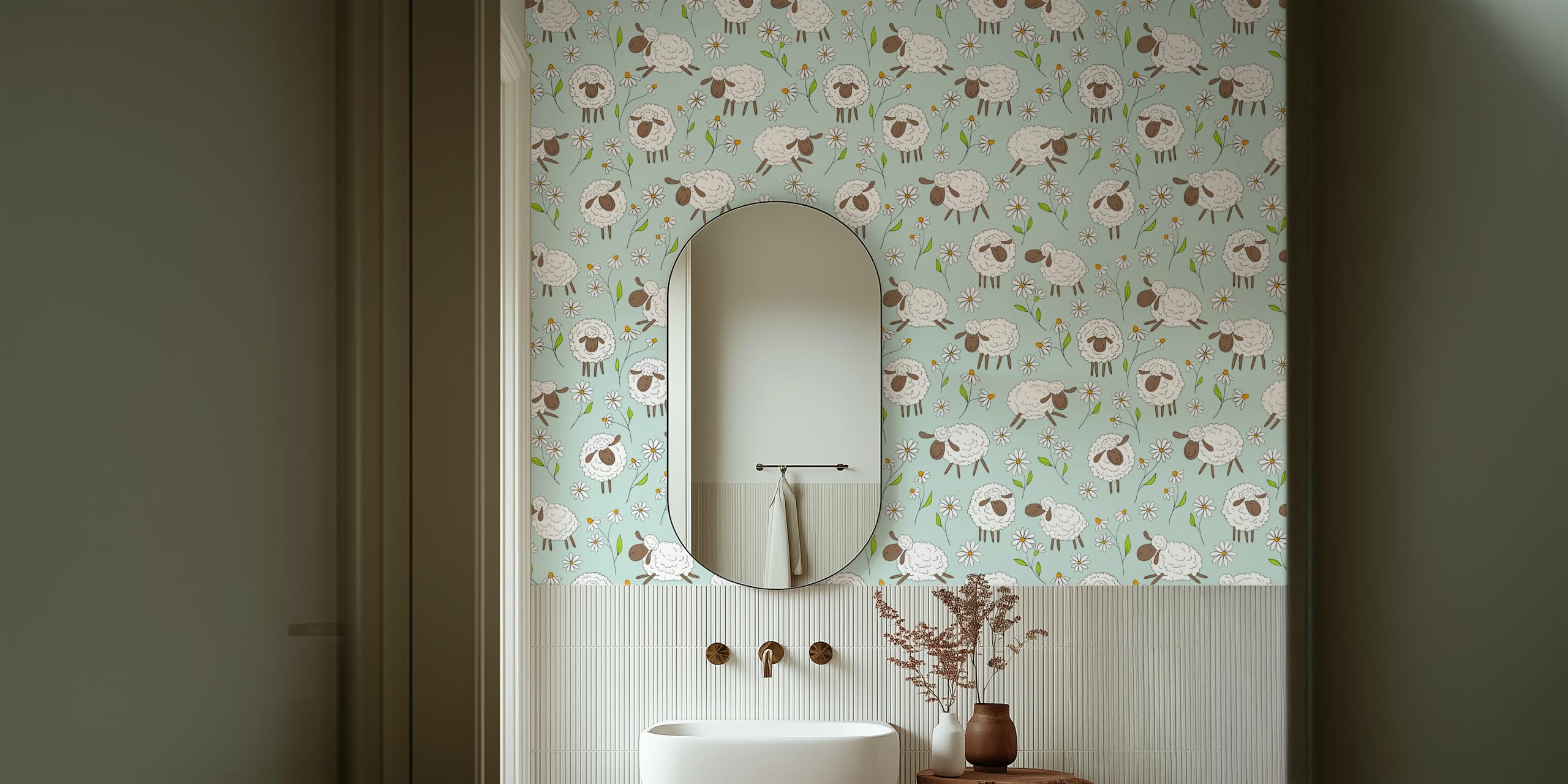 Sheep and daisies wallpaper in a kids room