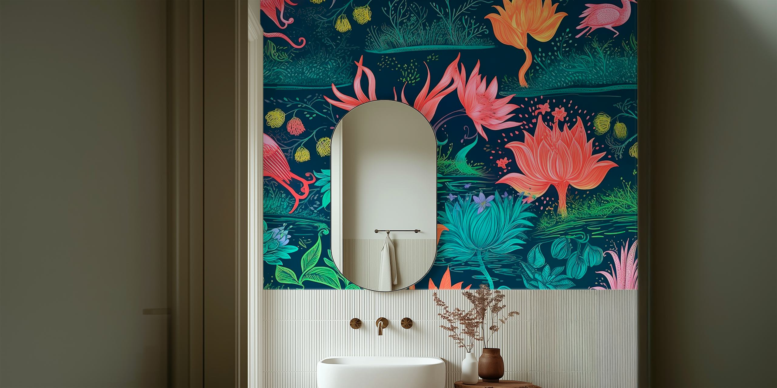 Colorful floral pattern wallpaper with pink, teal, and green elements