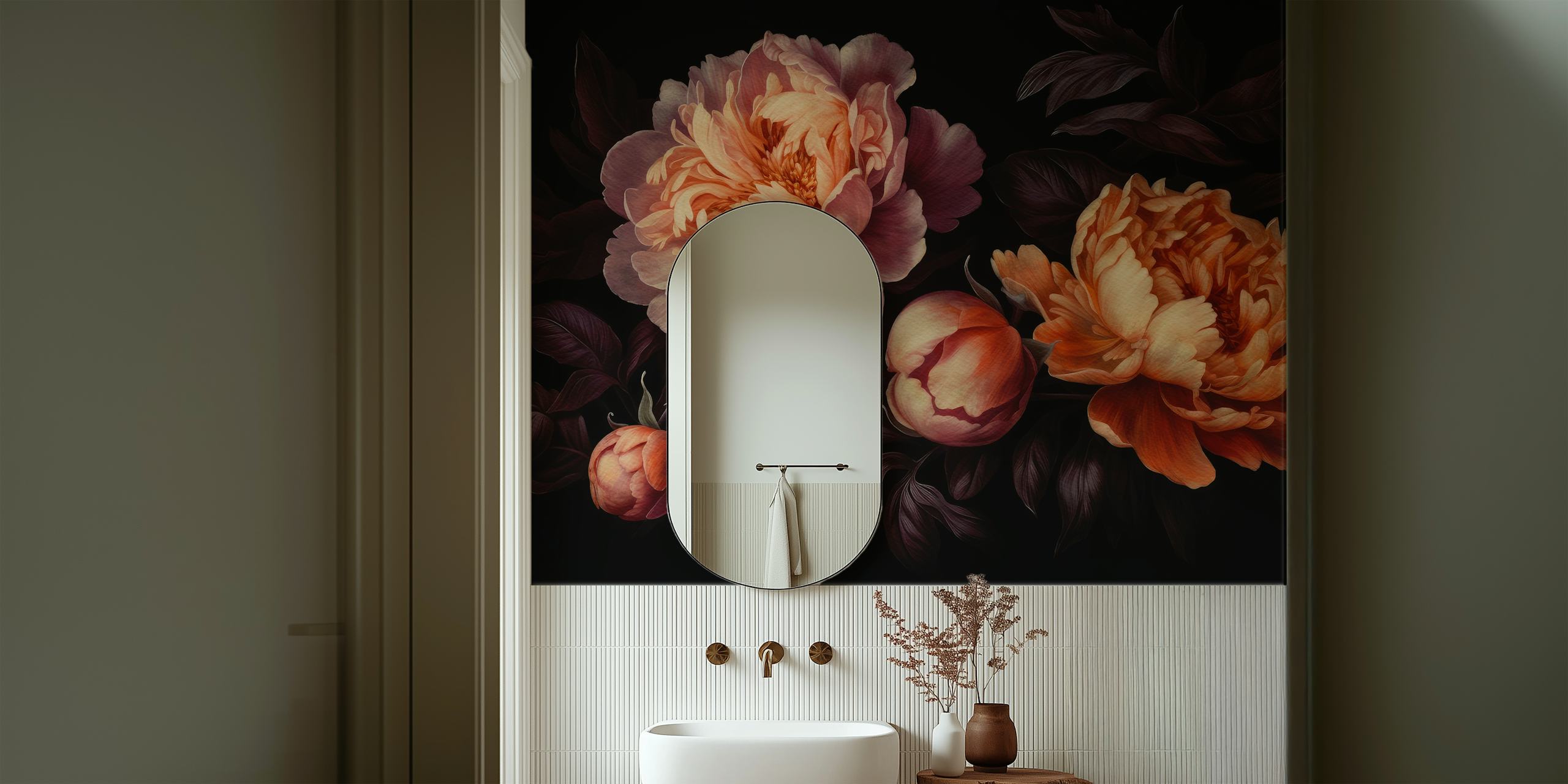 Dark floral wallpaper with peonies in shades of peach and orange, botanical design.