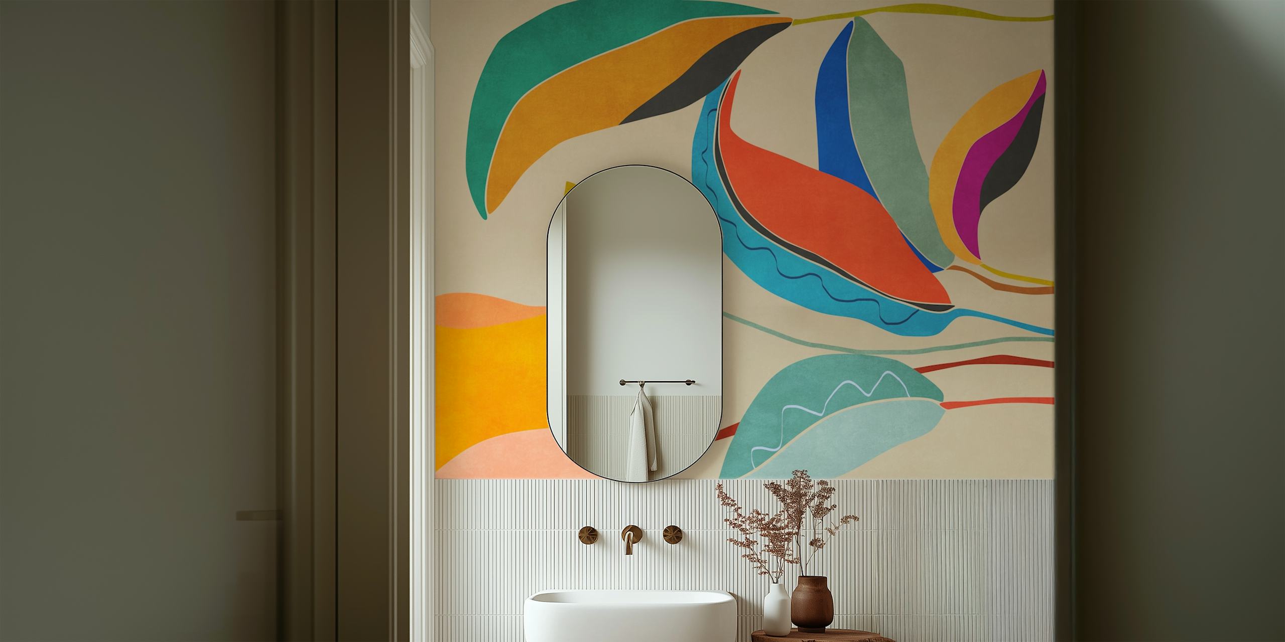 Colorful tropical leaf shapes in blue, red, green, and orange on beige wallpaper