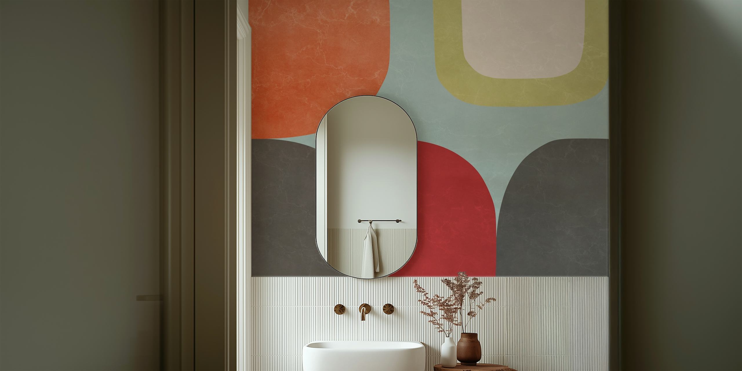 Mural de parede minimalista chique abstrato com formas geométricas em terracota, azul, amarelo e cinza
