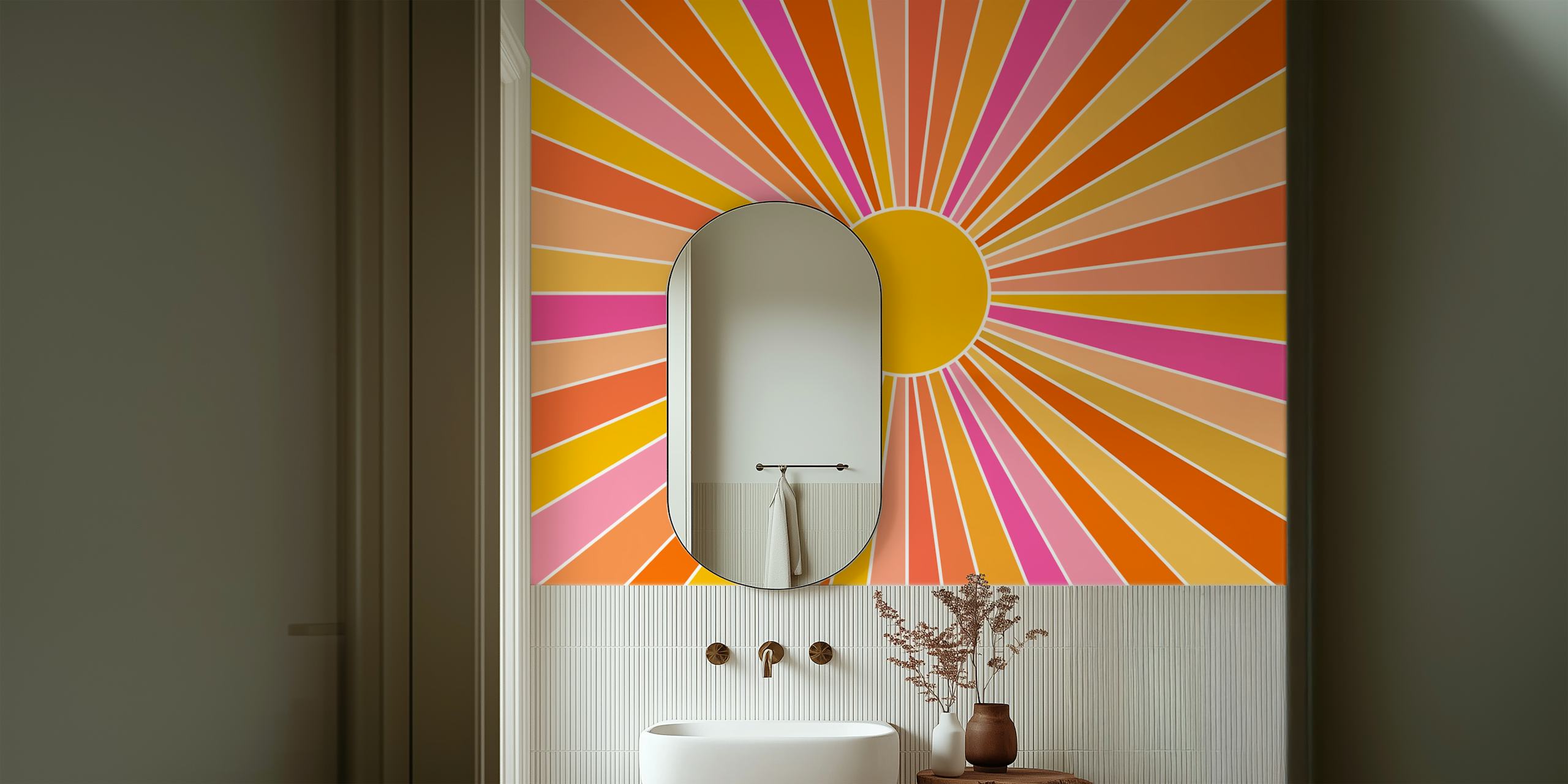 Vintage sunburst pattern in orange, pink, and yellow wallpaper
